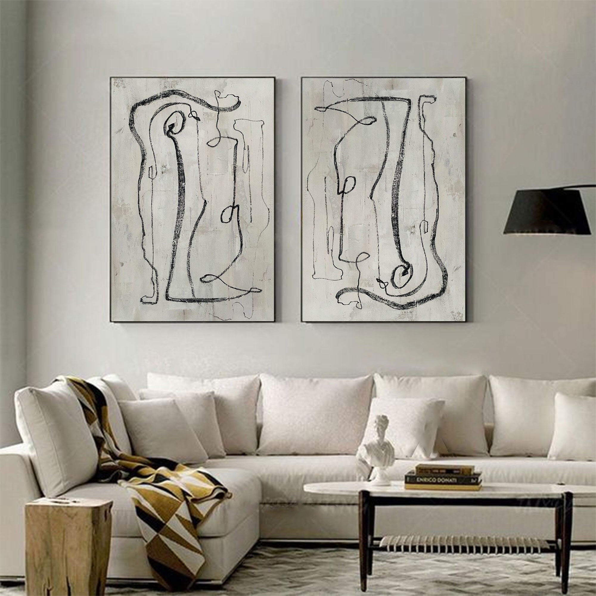 Modern Minimalist Abstract Diptych, Bold Black Lines #TB 085