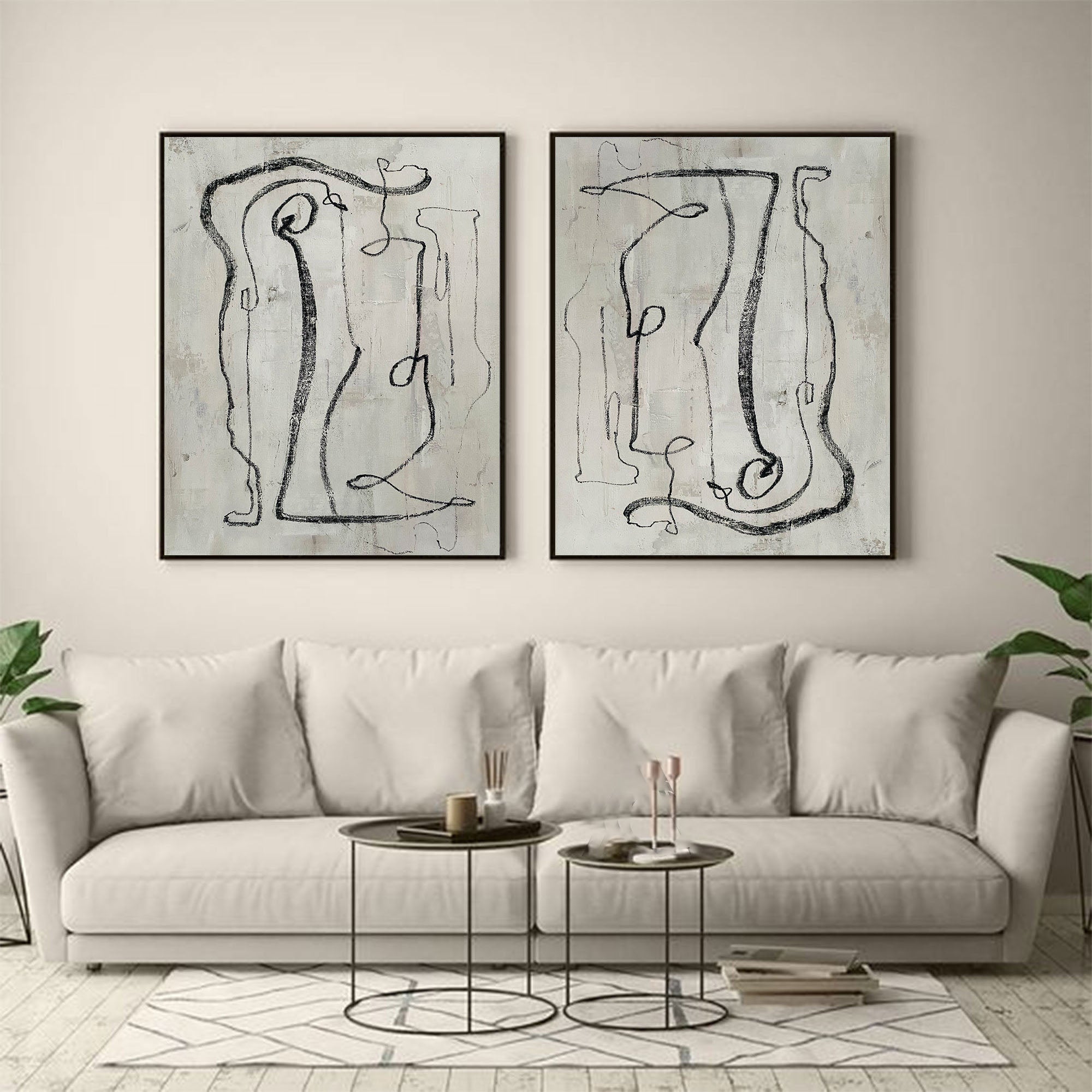 Modern Minimalist Abstract Diptych, Bold Black Lines #TB 085