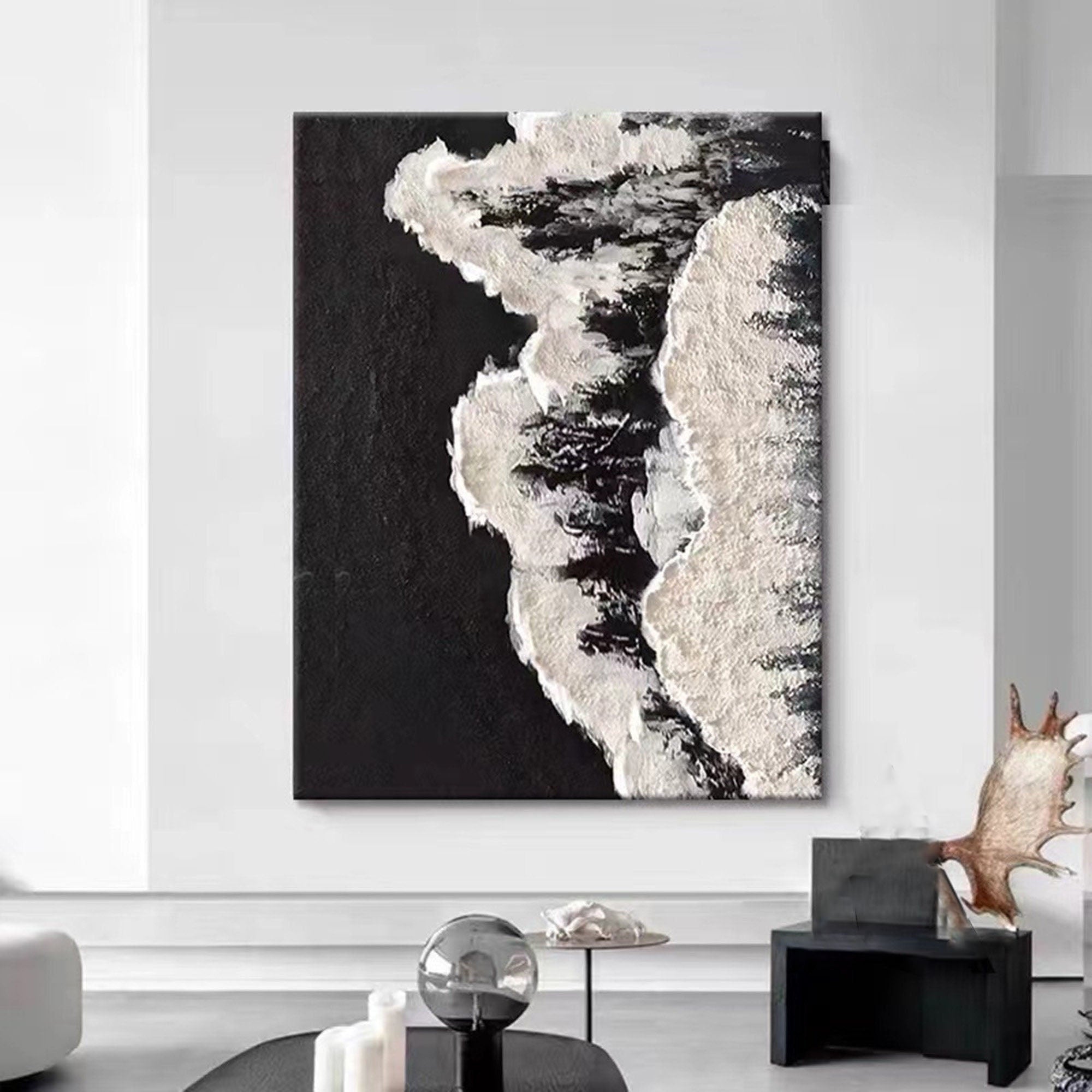 Minimalist Handmade Oil Painting - Black and White Abstract Art #TB 034