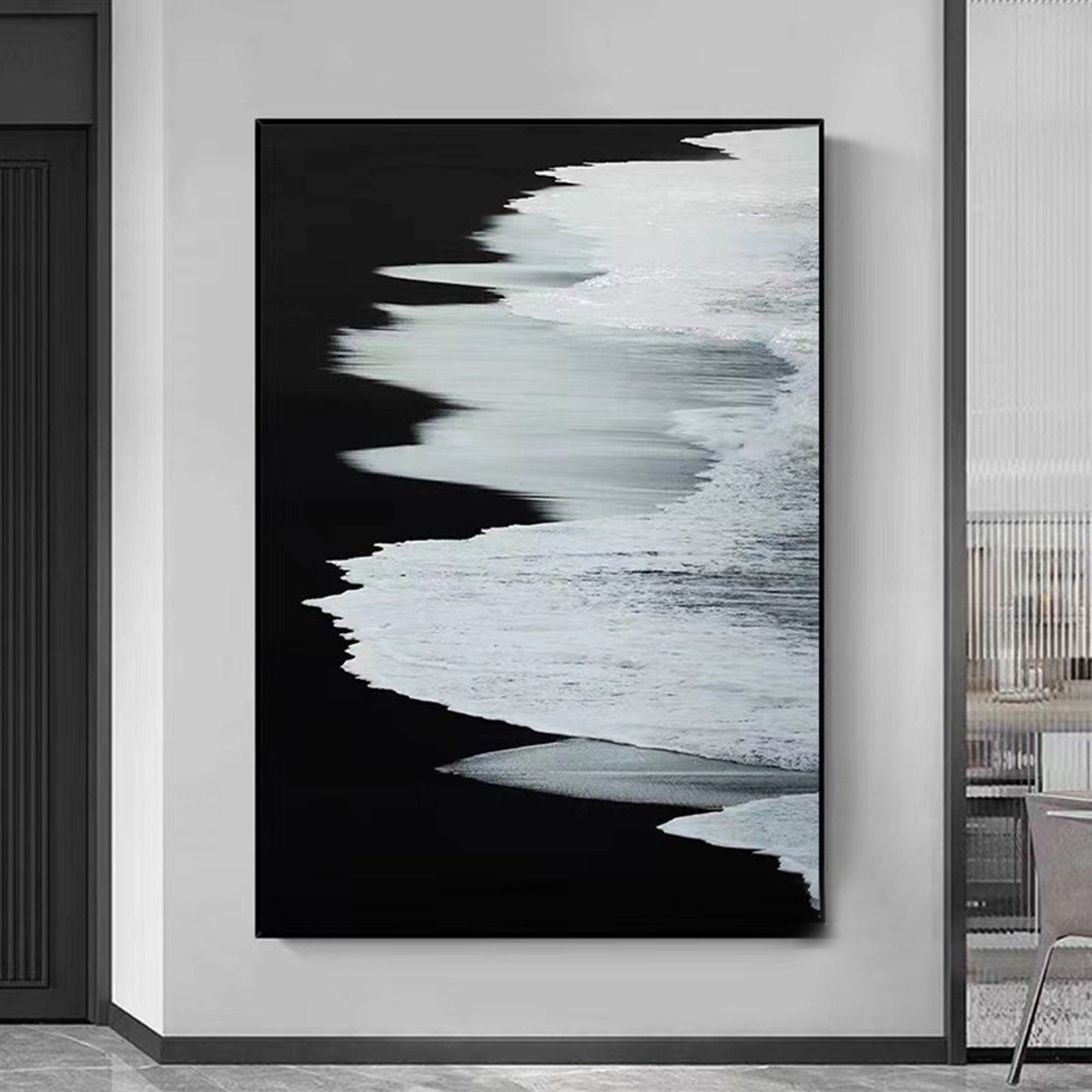 Black & White Abstract Coastline Oil Painting #TB 029