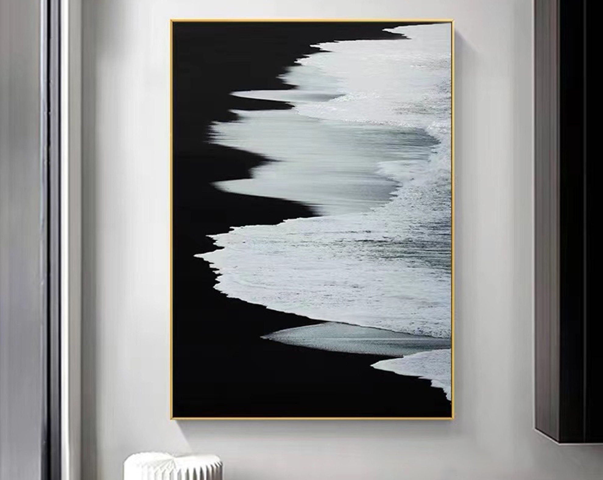 Black & White Abstract Coastline Oil Painting #TB 029