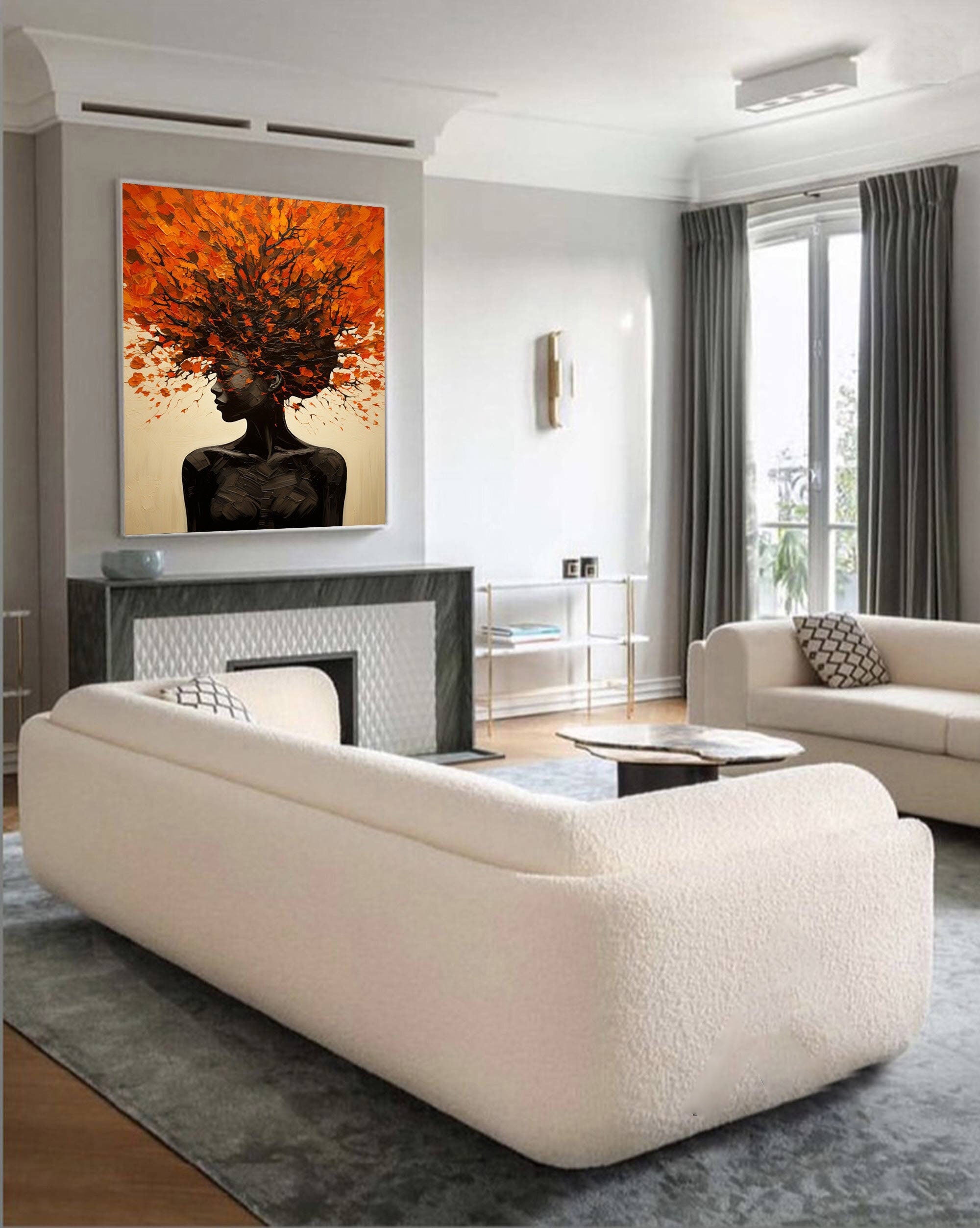 Orange Brown Explosive Hair Abstract Portrait Painting, Modern Art Wall Art #TB 044