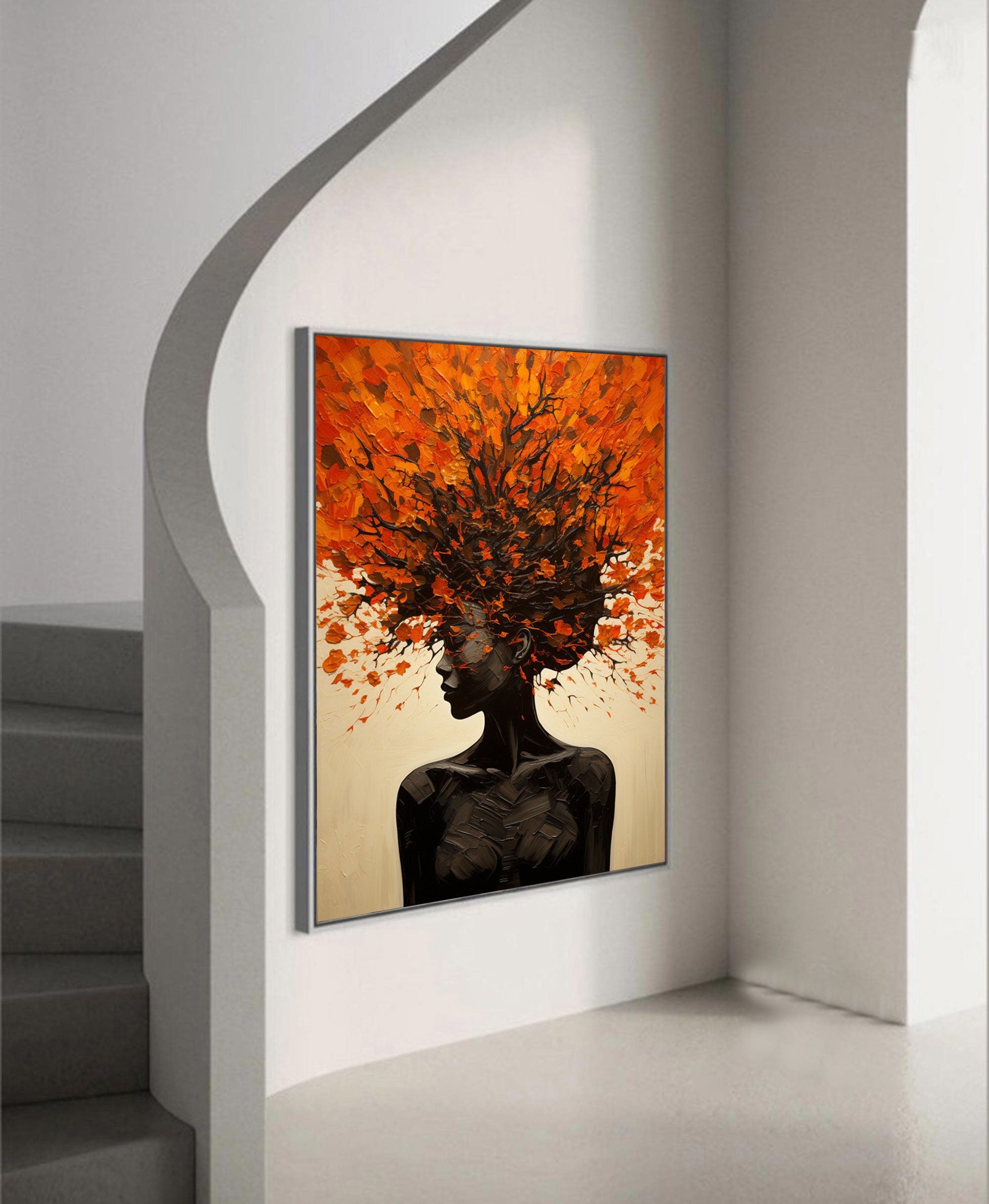 Orange Brown Explosive Hair Abstract Portrait Painting, Modern Art Wall Art #TB 044