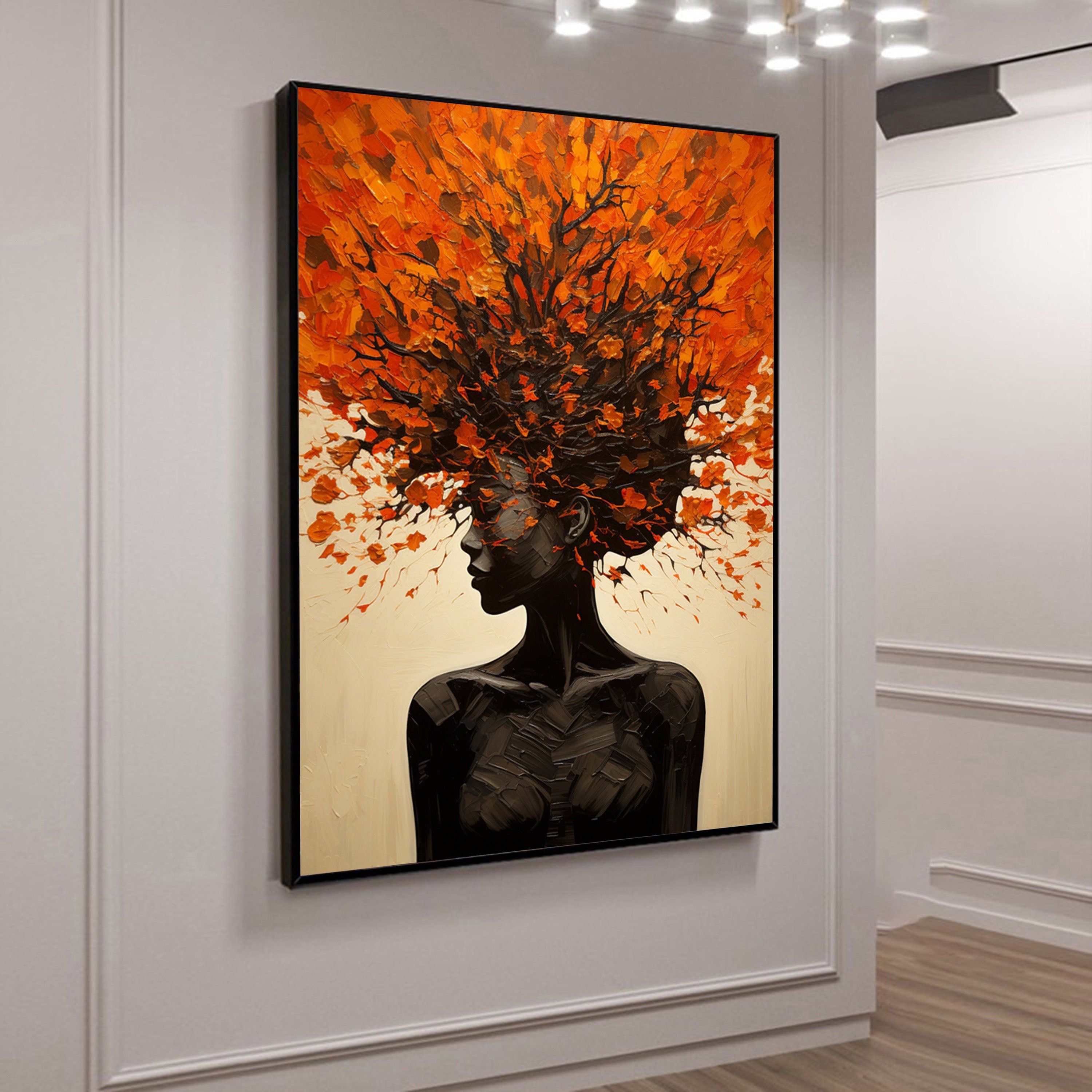 Orange Brown Explosive Hair Abstract Portrait Painting, Modern Art Wall Art #TB 044