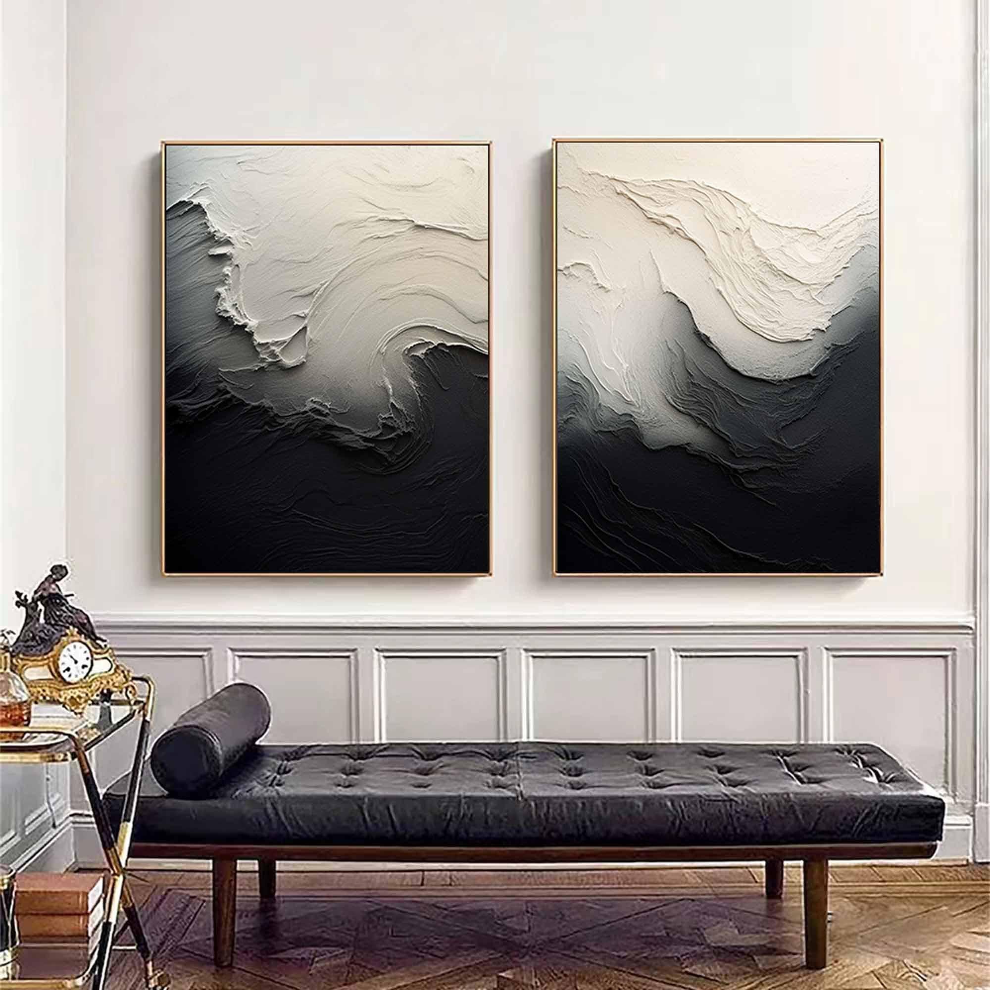 Black & White 3D Texture Abstract Art, Modern Pair #TB 032