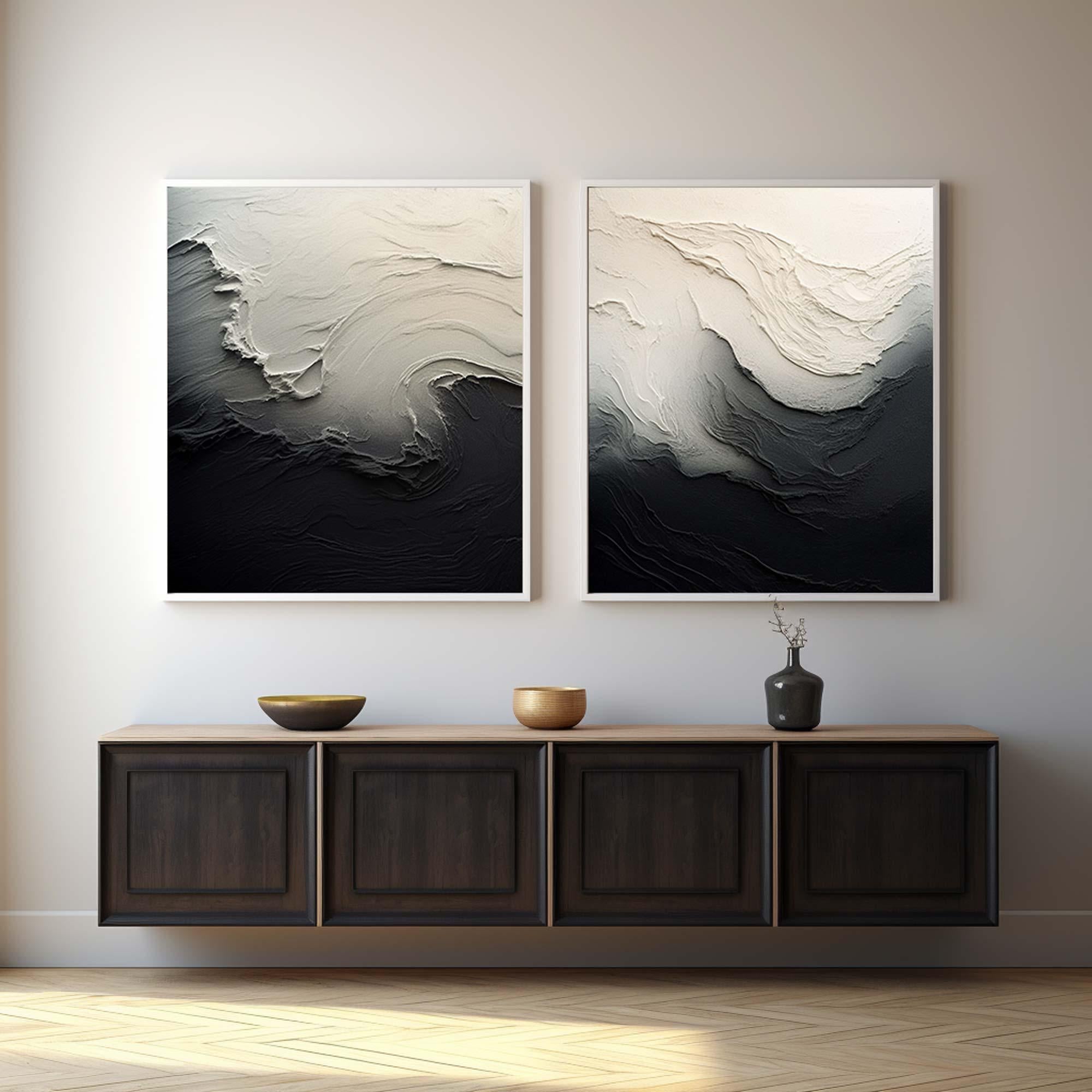 Black & White 3D Texture Abstract Art, Modern Pair #TB 032