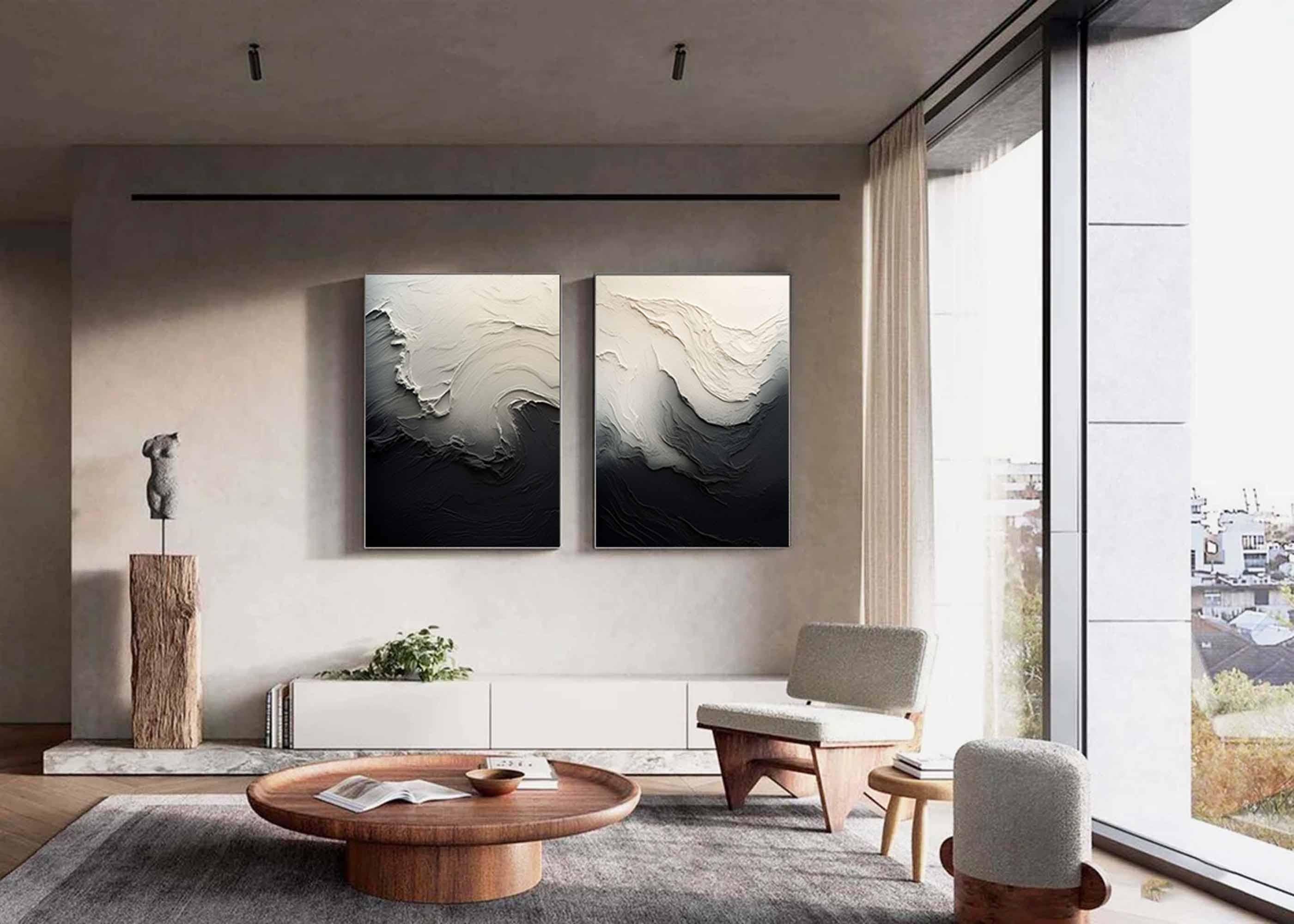 Black & White 3D Texture Abstract Art, Modern Pair #TB 032