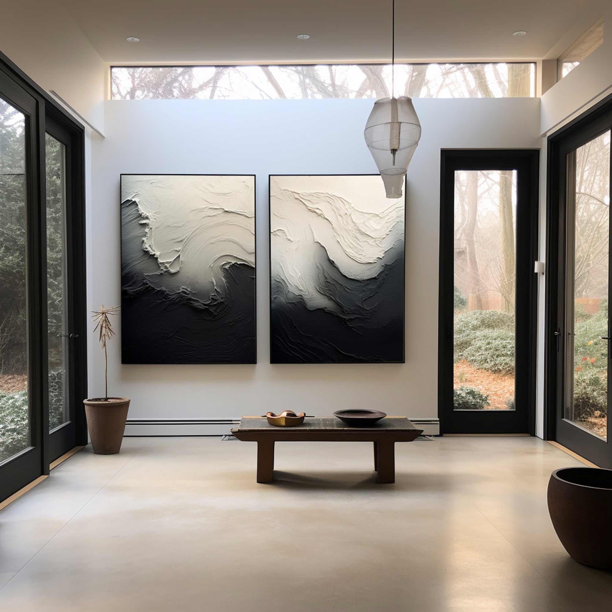 Black & White 3D Texture Abstract Art, Modern Pair #TB 032