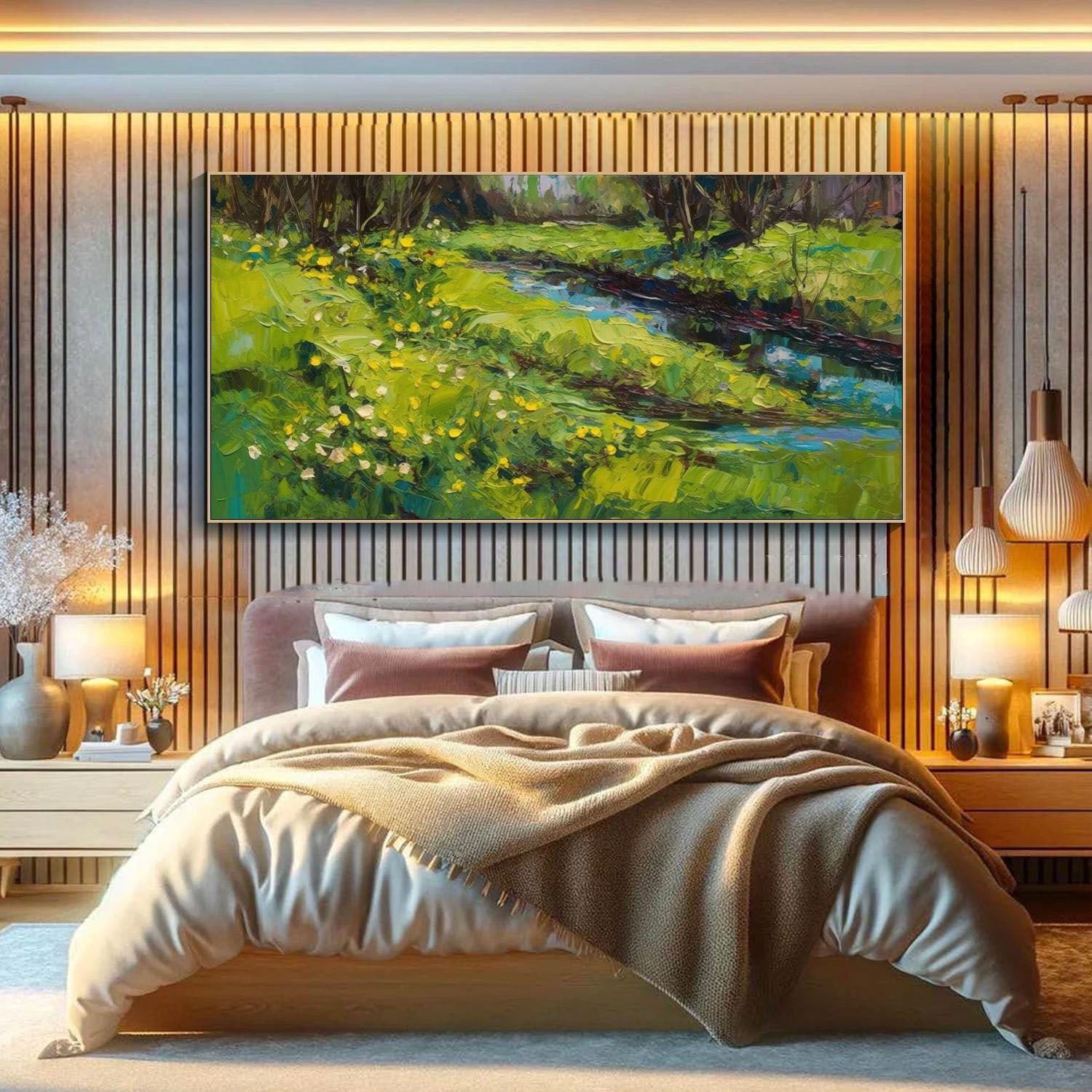 Buy Large Landscape Oil Painting | Vibrant Green Field & River Wall Art #TB 088
