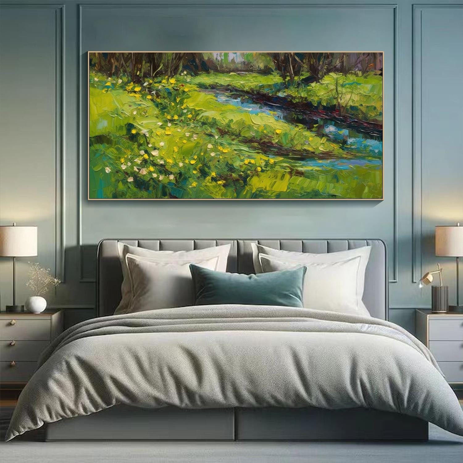 Buy Large Landscape Oil Painting | Vibrant Green Field & River Wall Art #TB 088