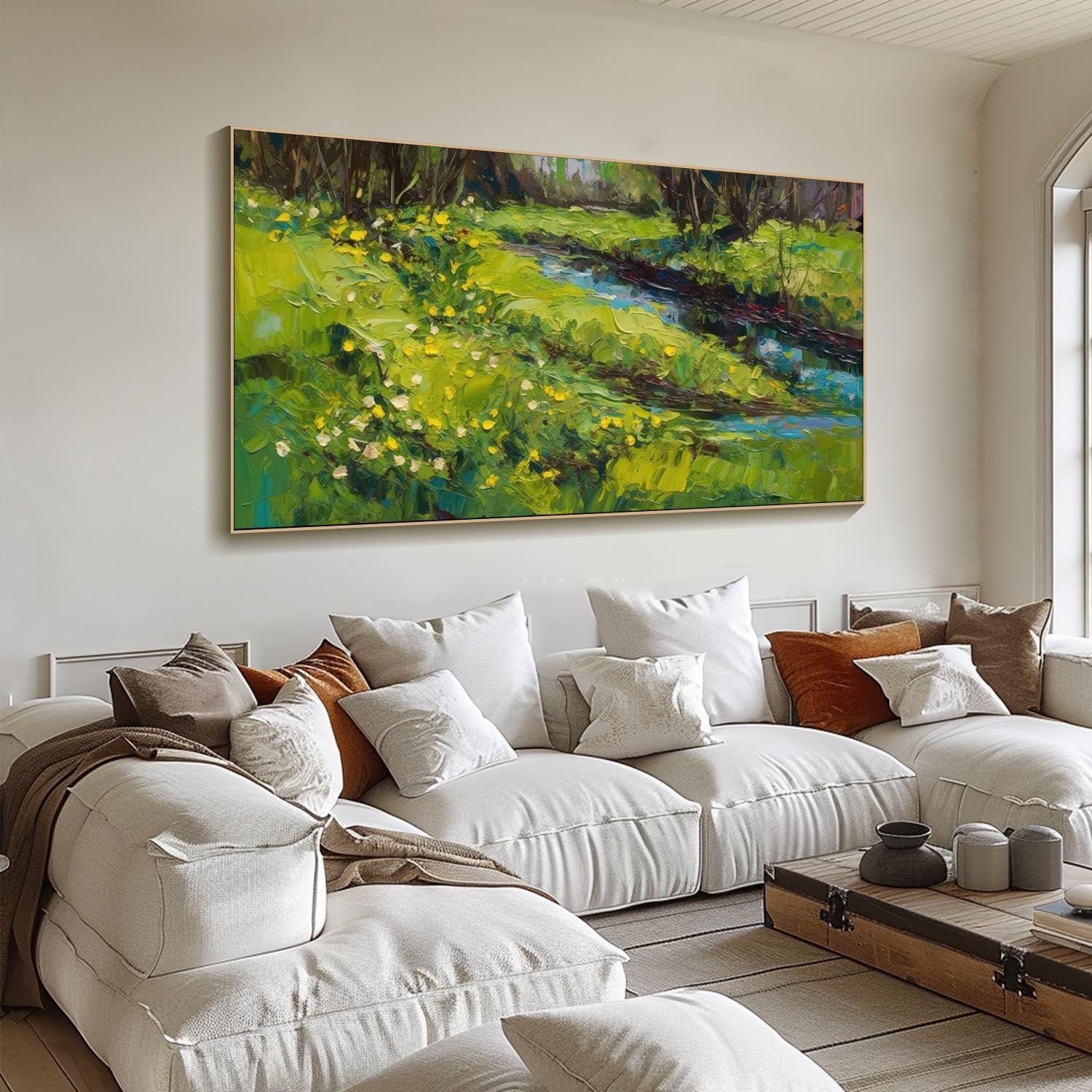 Buy Large Landscape Oil Painting | Vibrant Green Field & River Wall Art #TB 088