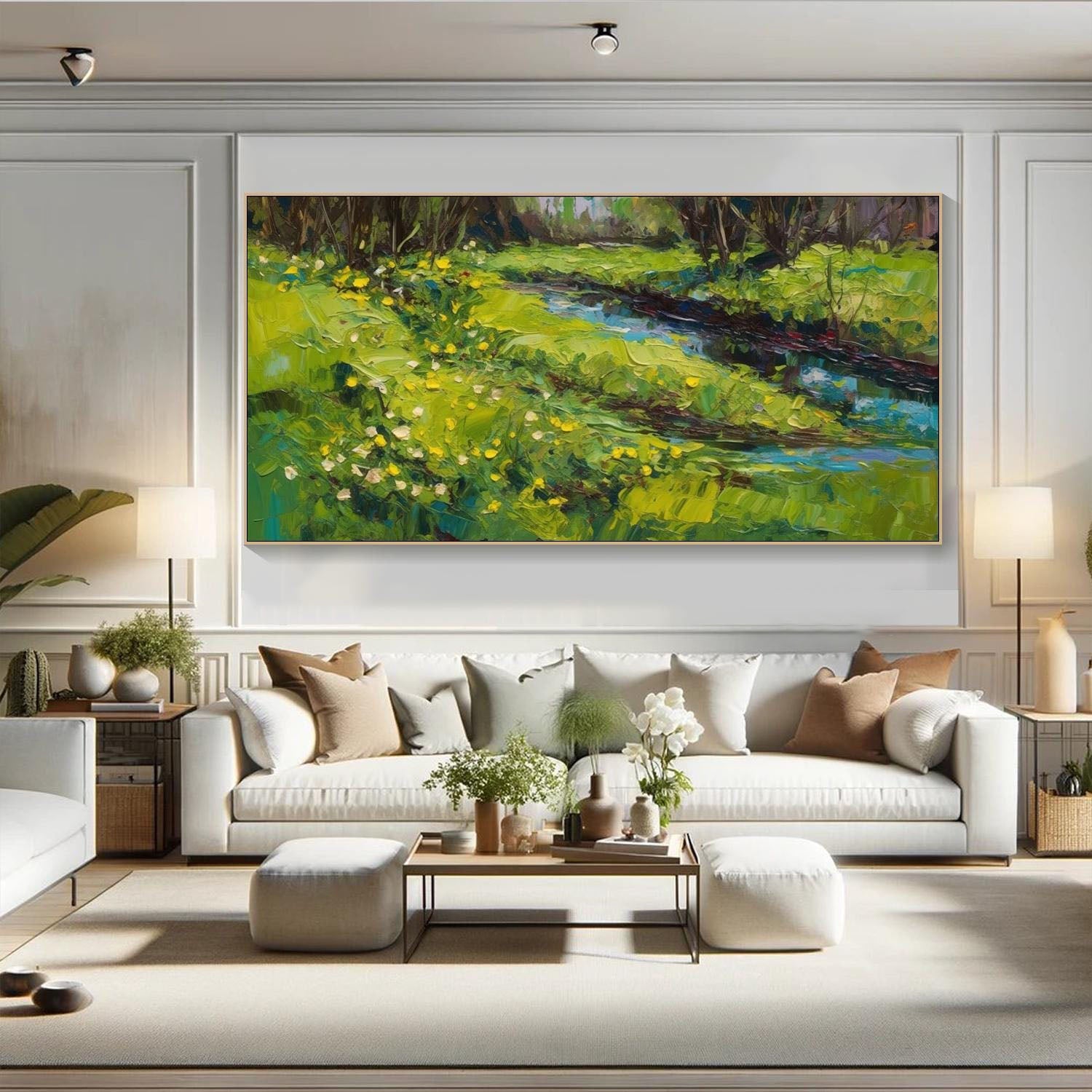 Buy Large Landscape Oil Painting | Vibrant Green Field & River Wall Art #TB 088