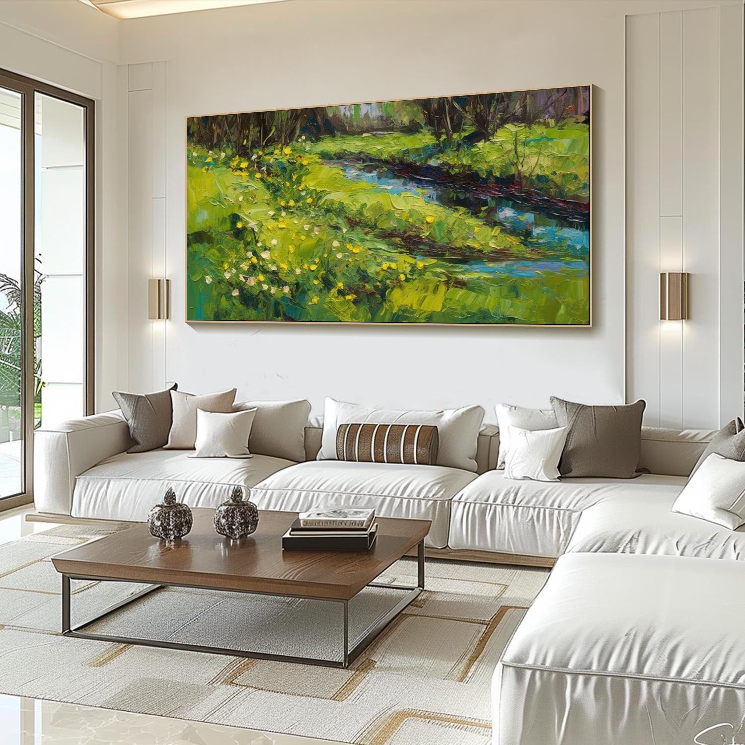 Buy Large Landscape Oil Painting | Vibrant Green Field & River Wall Art #TB 088