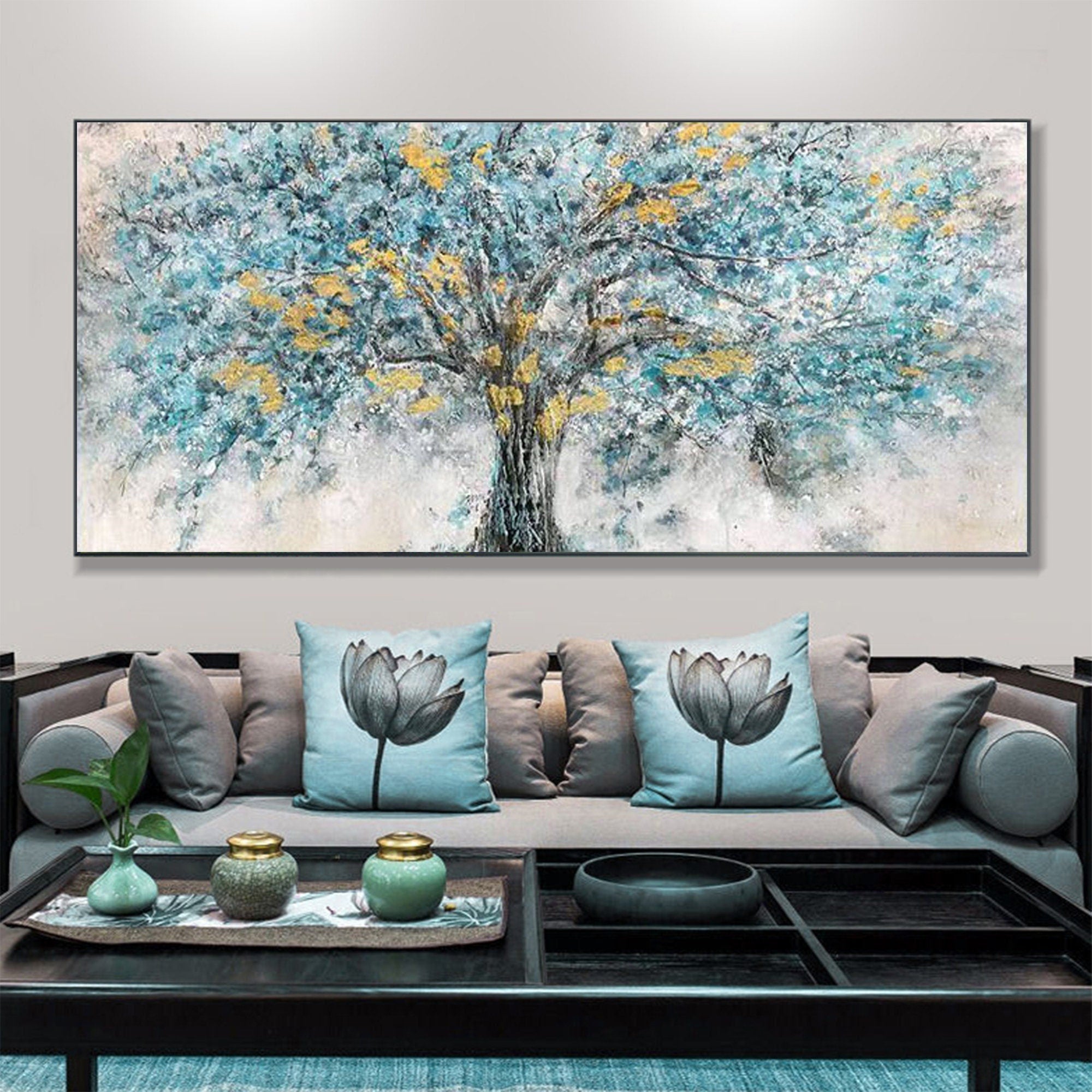 Large Teal & Gold Tree Wall Art | Horizontal Abstract Canvas Painting #ZZ 103
