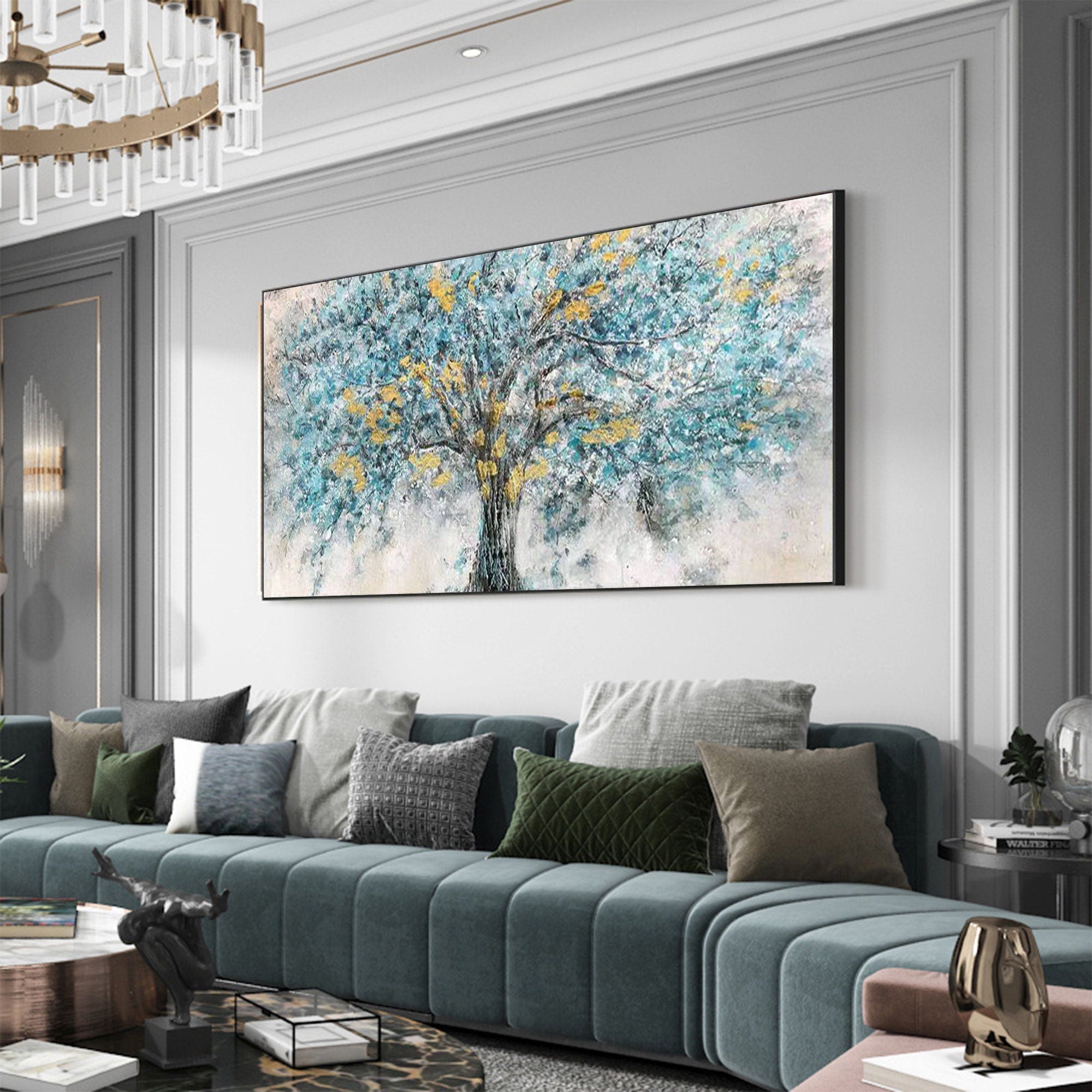 Large Teal & Gold Tree Wall Art | Horizontal Abstract Canvas Painting #ZZ 103