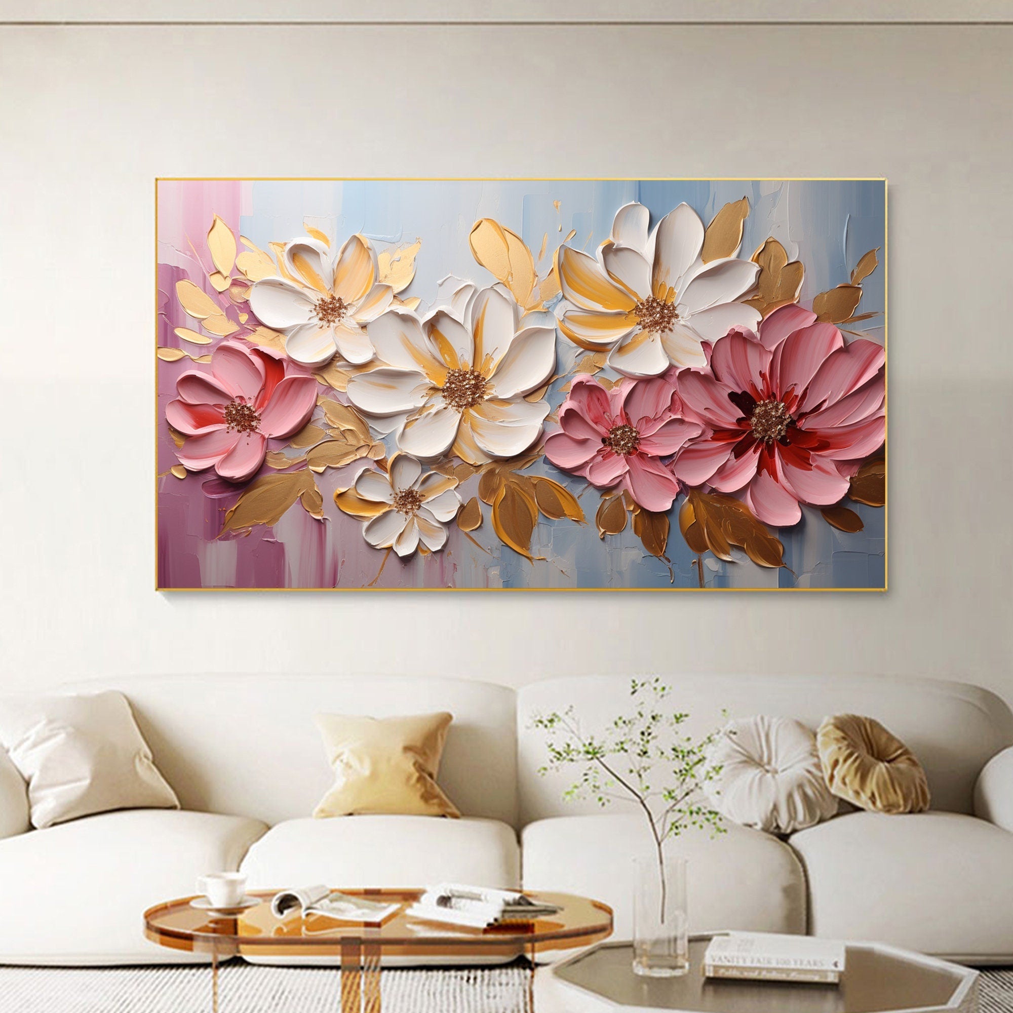 Large Abstract Flower Painting | Textured Pink White Canvas Art Decor #ZZ 181
