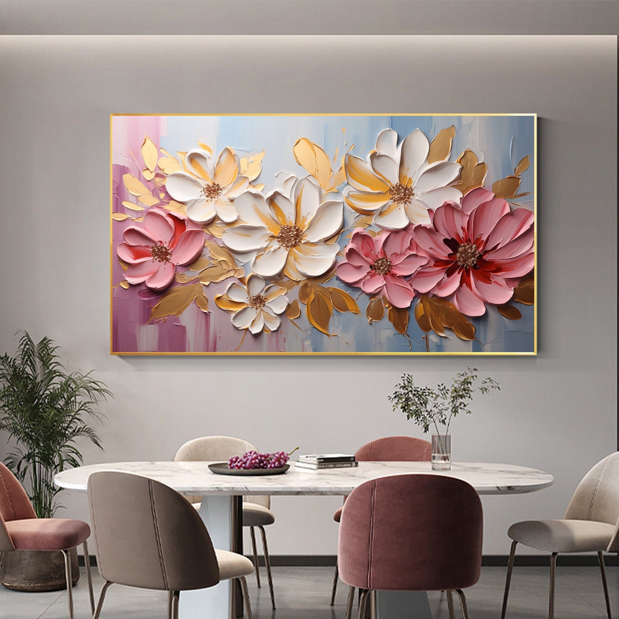 Large Abstract Flower Painting | Textured Pink White Canvas Art Decor #ZZ 181
