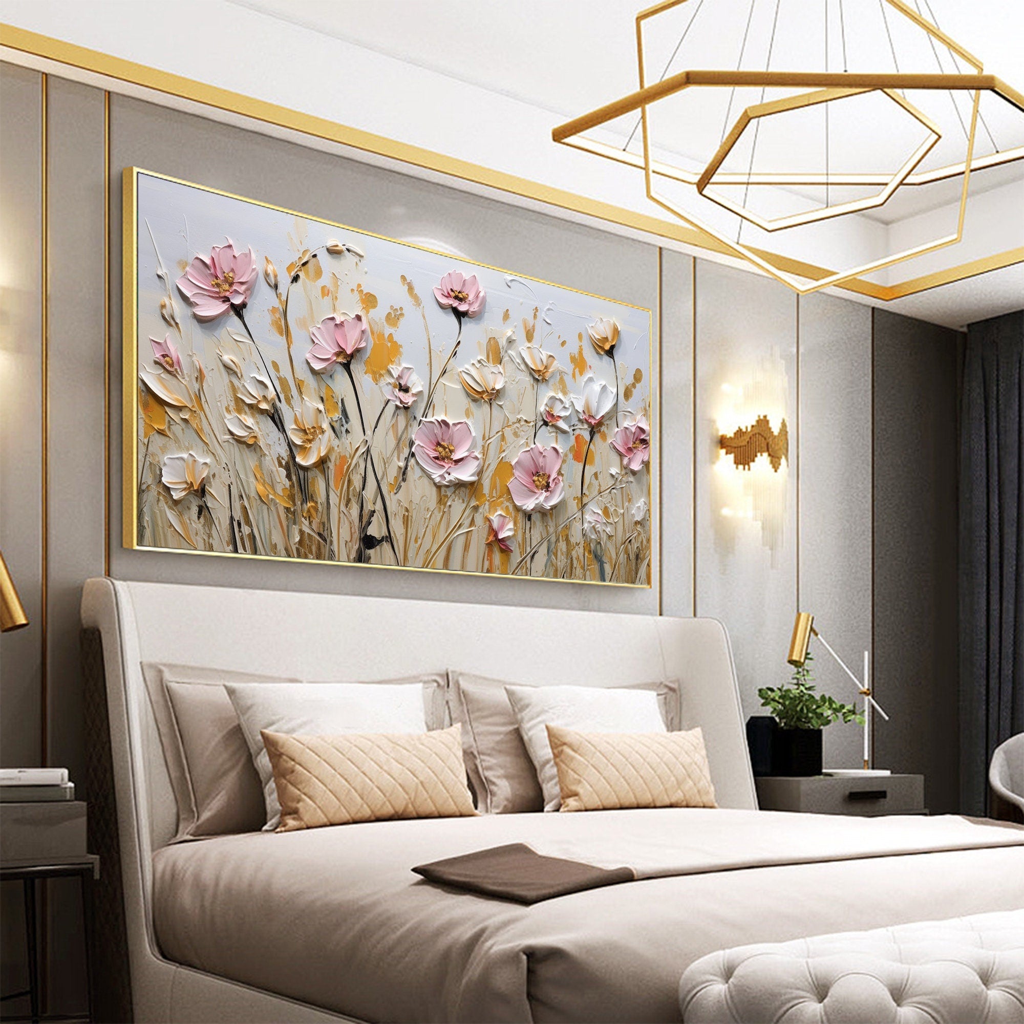 Textured Floral Wall Art | Large Pink White Flowers Canvas Painting #ZZ 180