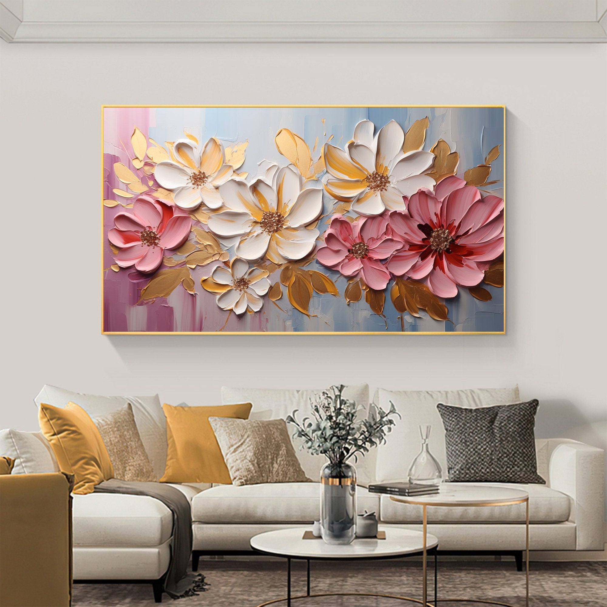 Large Abstract Flower Painting | Textured Pink White Canvas Art Decor #ZZ 181