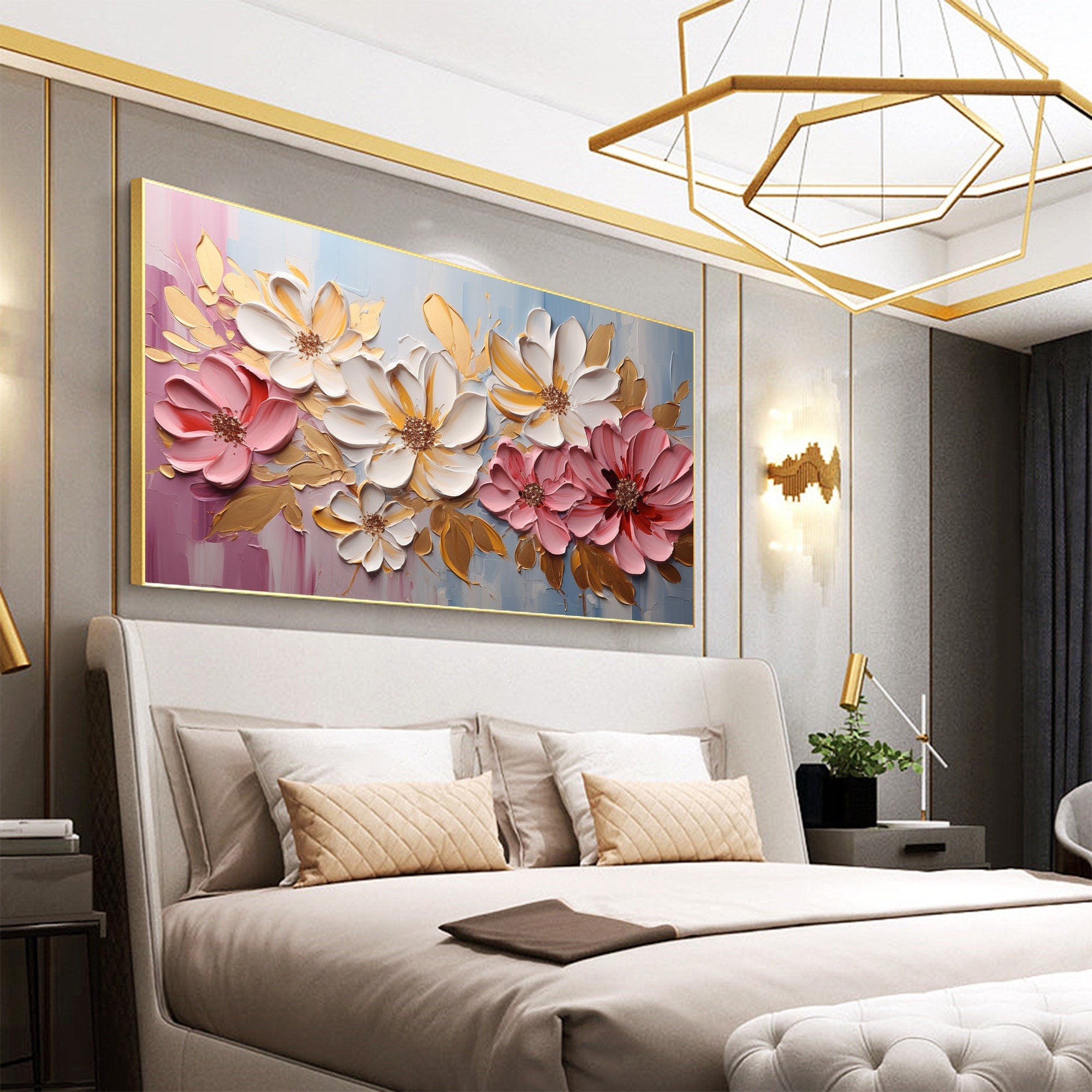 Large Abstract Flower Painting | Textured Pink White Canvas Art Decor #ZZ 181