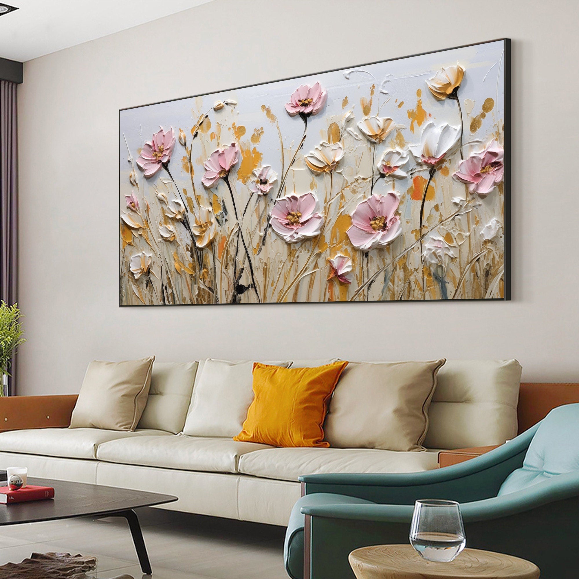 Textured Floral Wall Art | Large Pink White Flowers Canvas Painting #ZZ 180
