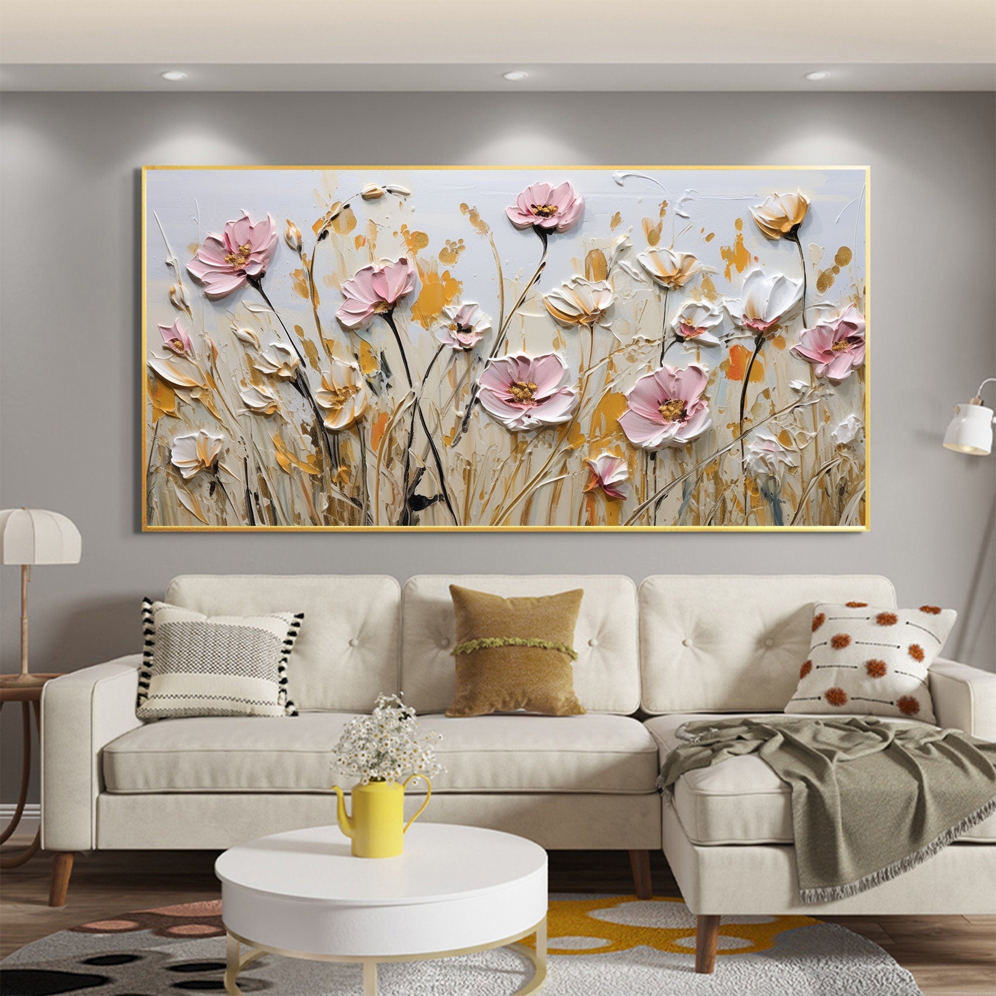 Textured Floral Wall Art | Large Pink White Flowers Canvas Painting #ZZ 180