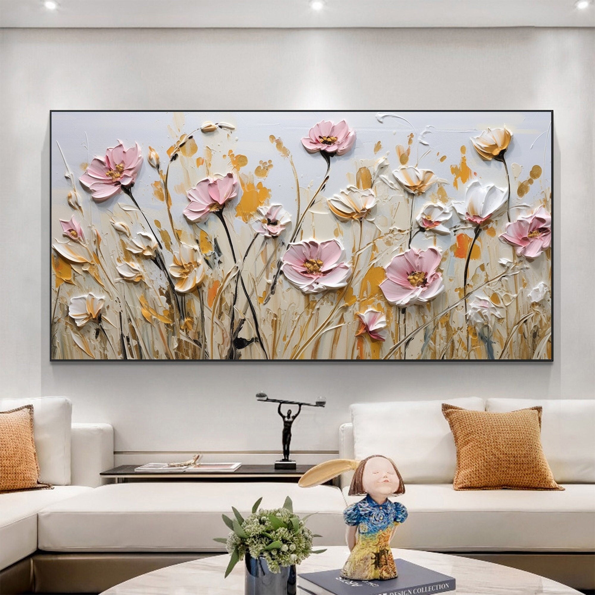 Textured Floral Wall Art | Large Pink White Flowers Canvas Painting #ZZ 180