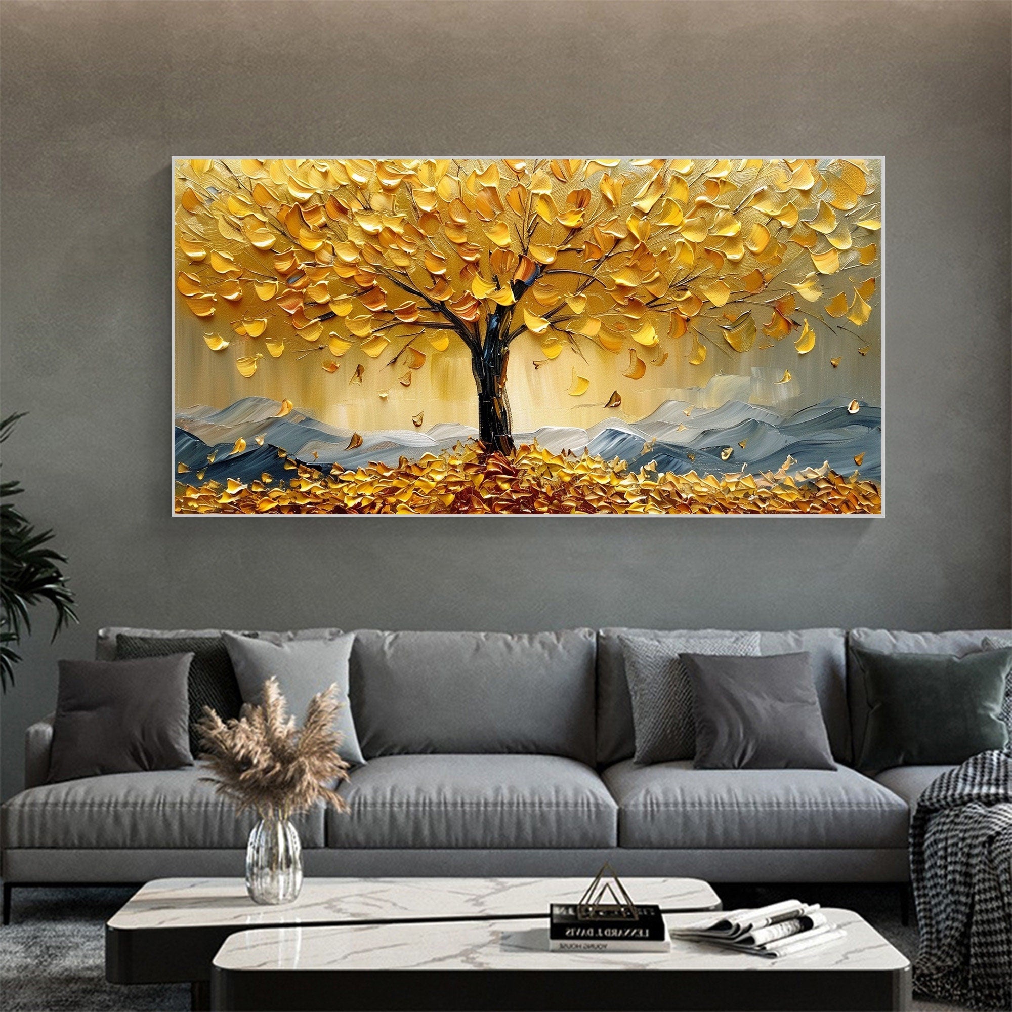 Golden Tree Wall Art | Large Textured Landscape Painting Canvas #ZZ 178