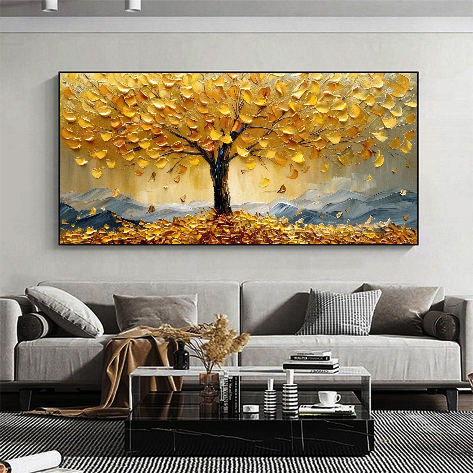 Golden Tree Wall Art | Large Textured Landscape Painting Canvas #ZZ 178