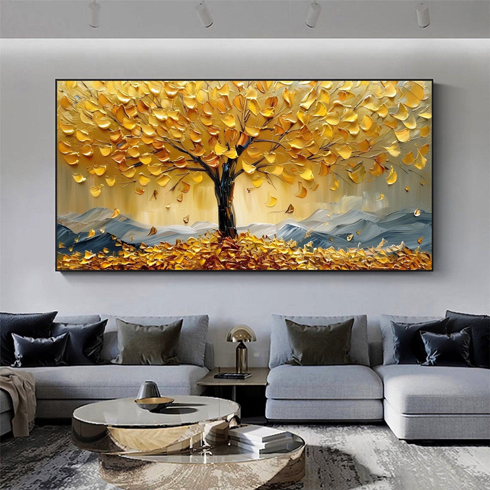 Golden Tree Wall Art | Large Textured Landscape Painting Canvas #ZZ 178