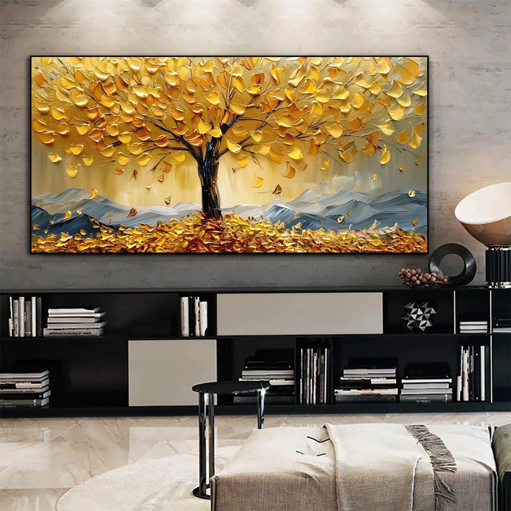 Golden Tree Wall Art | Large Textured Landscape Painting Canvas #ZZ 178