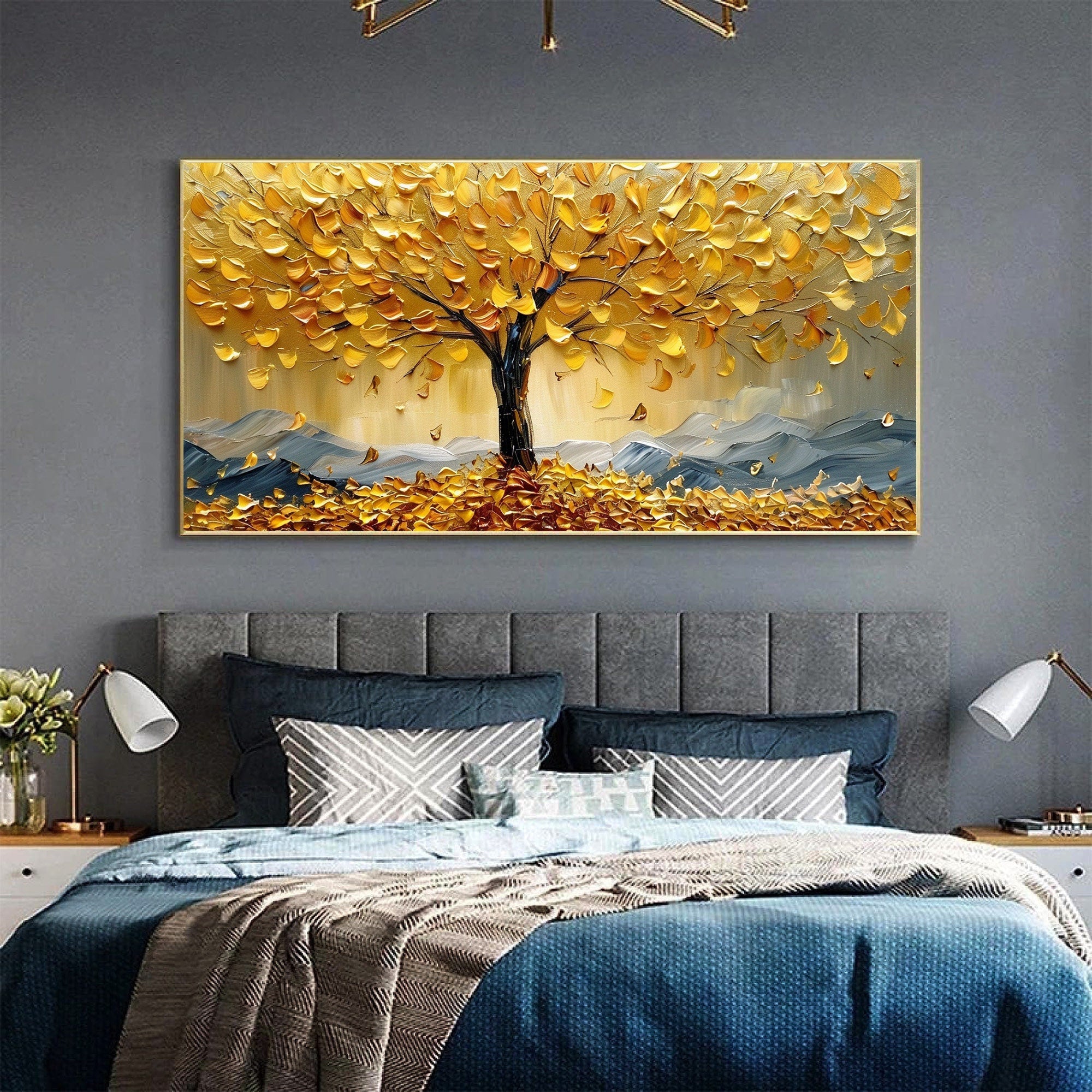 Golden Tree Wall Art | Large Textured Landscape Painting Canvas #ZZ 178