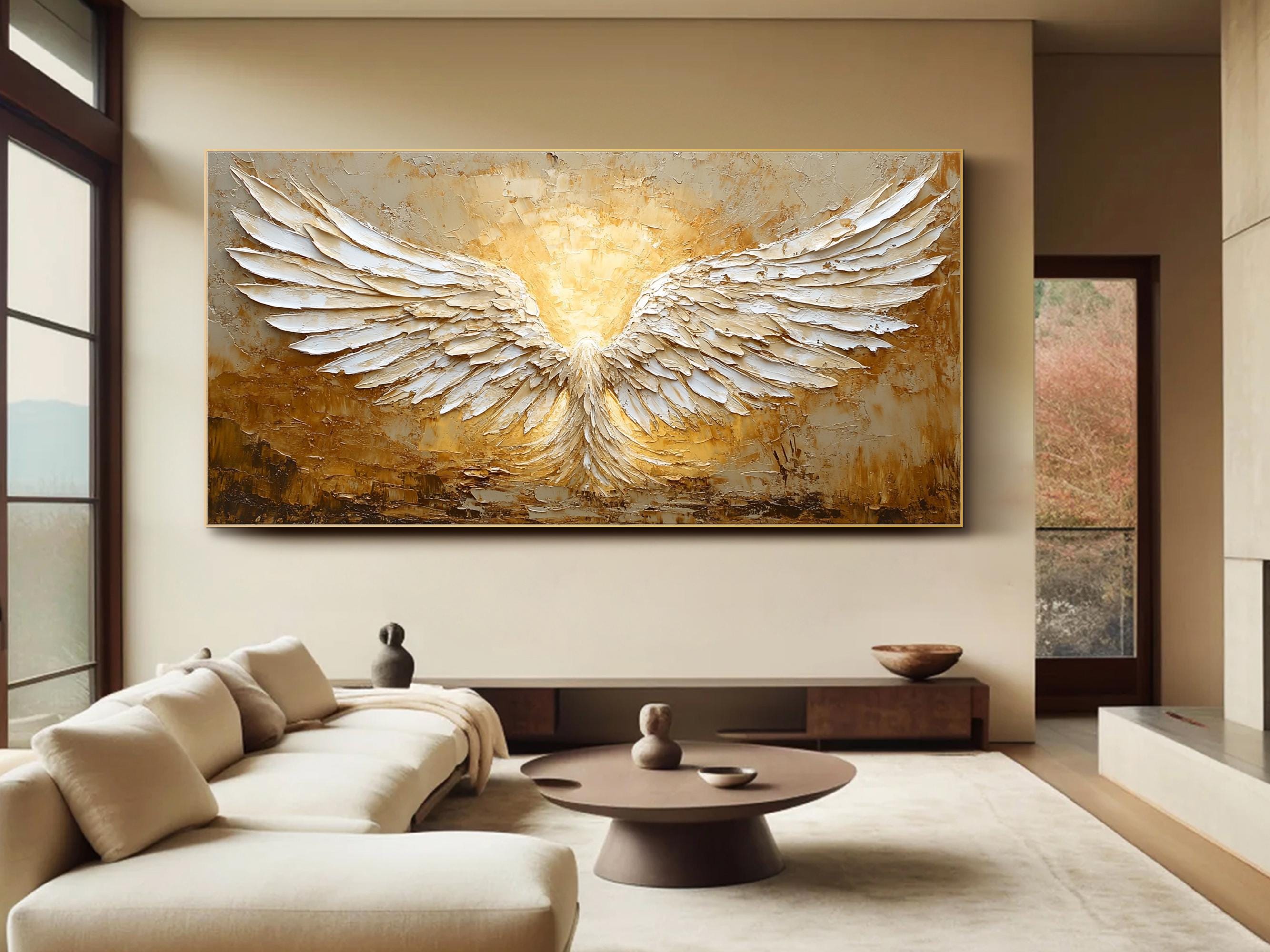 White and Gold Textured Painting | Large Angel Wings Wall Art #ZZ 148
