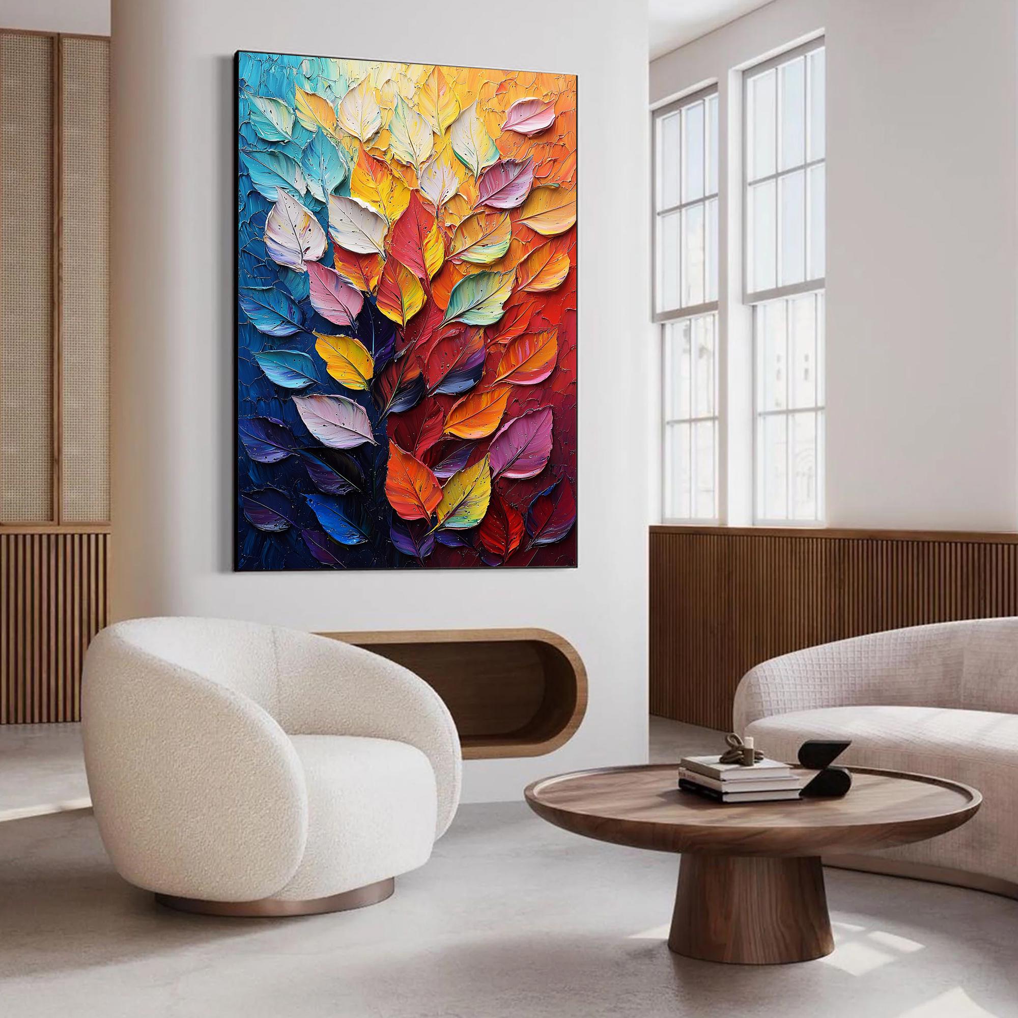 Colorful Leaf Wall Art | Large Vertical Textured Abstract Painting #ZZ 182