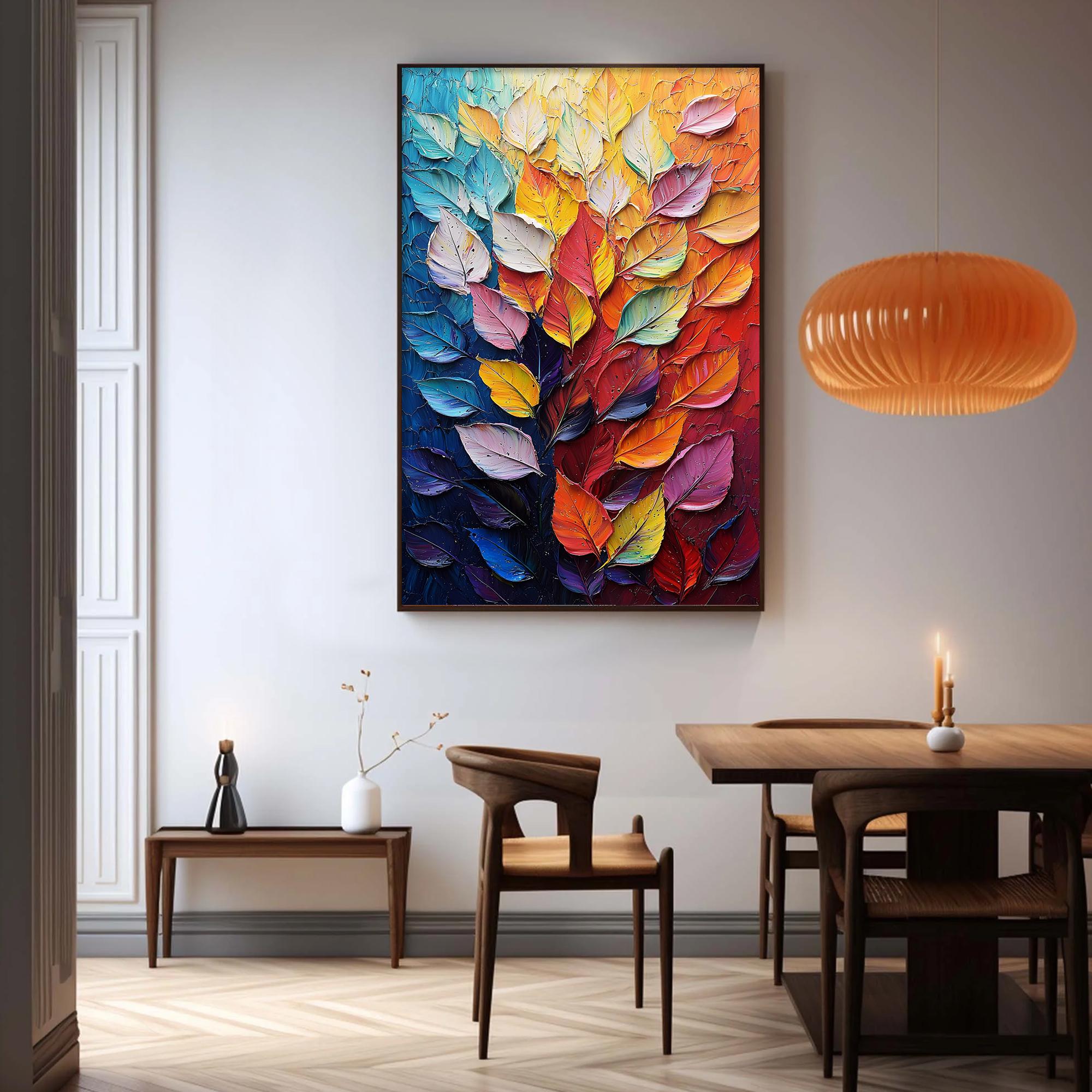 Colorful Leaf Wall Art | Large Vertical Textured Abstract Painting #ZZ 182