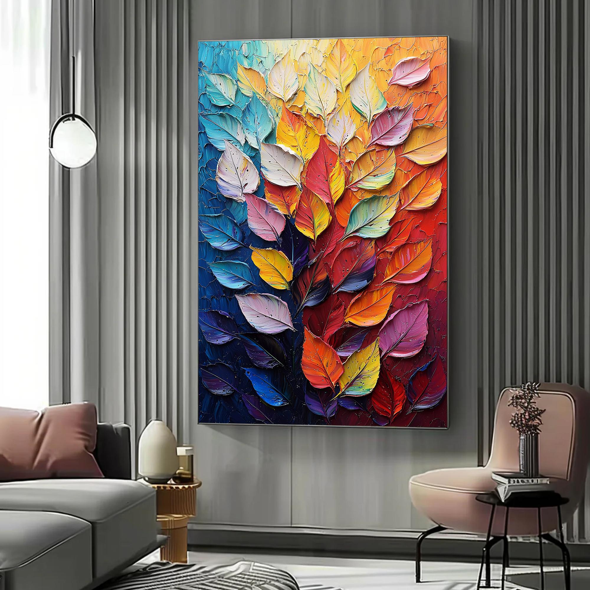 Colorful Leaf Wall Art | Large Vertical Textured Abstract Painting #ZZ 182