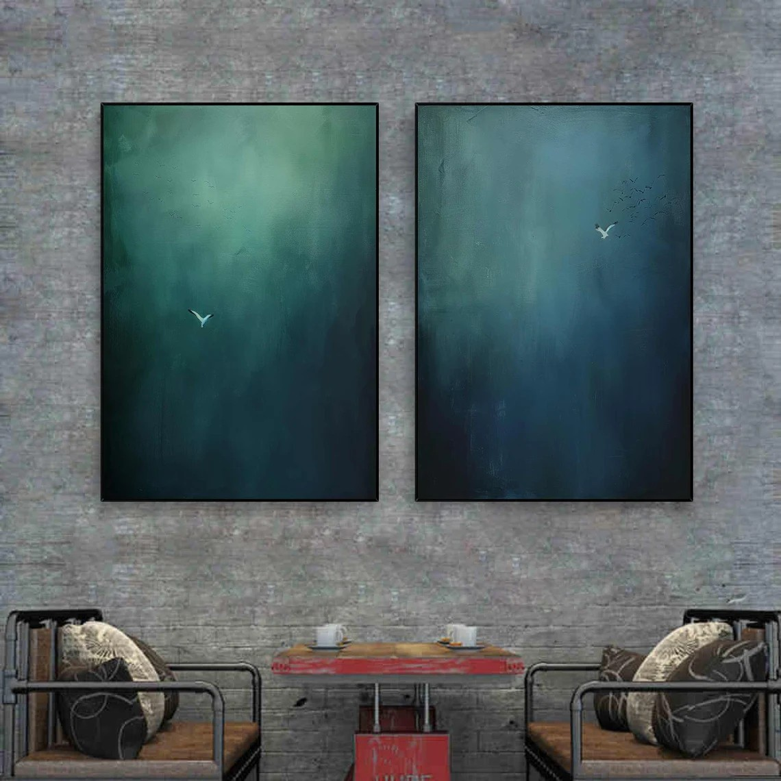 Large Abstract Oil Painting Diptych  Hand-Painted Blue Green Sky/Ocean Art | # TC 010