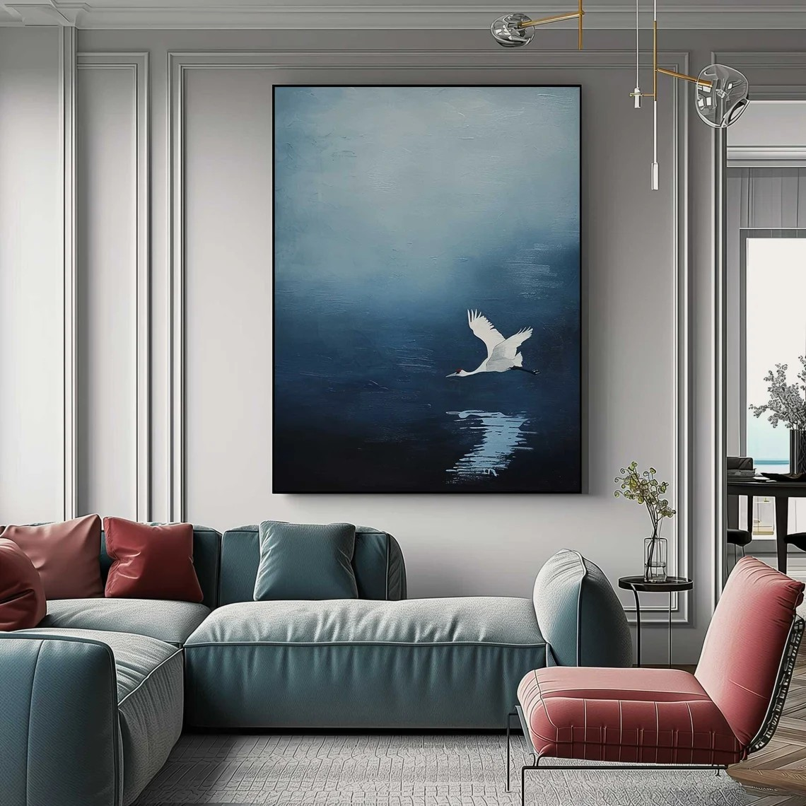 Handmade Blue Abstract Oil Painting with Crane Modern Decor  #TC 030