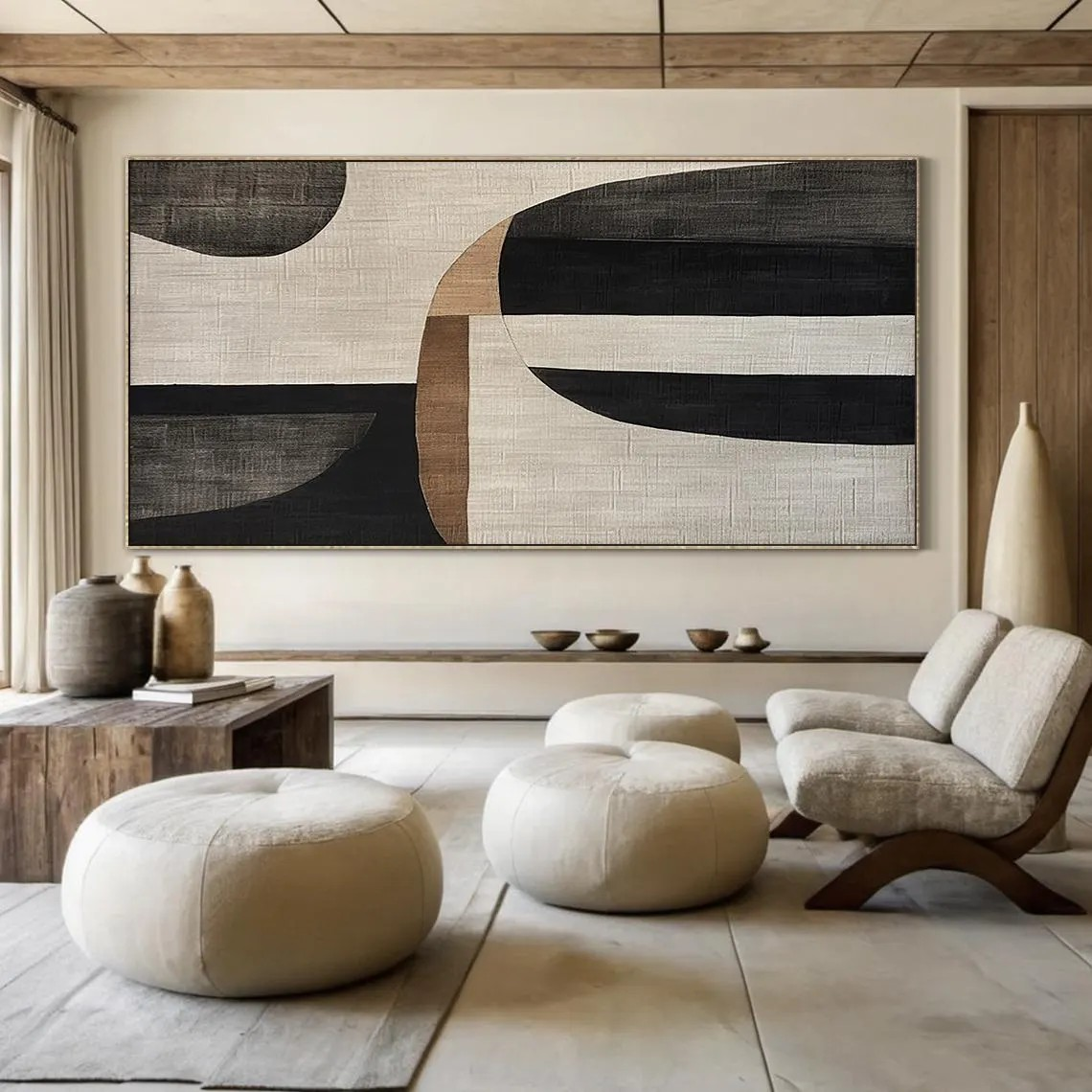 Geometric Abstract Art - Black White Beige Wall Painting #TC 055