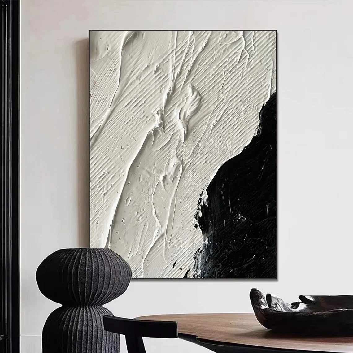 Modern Minimalist Black & White Abstract - Textured Canvas #JJ 025