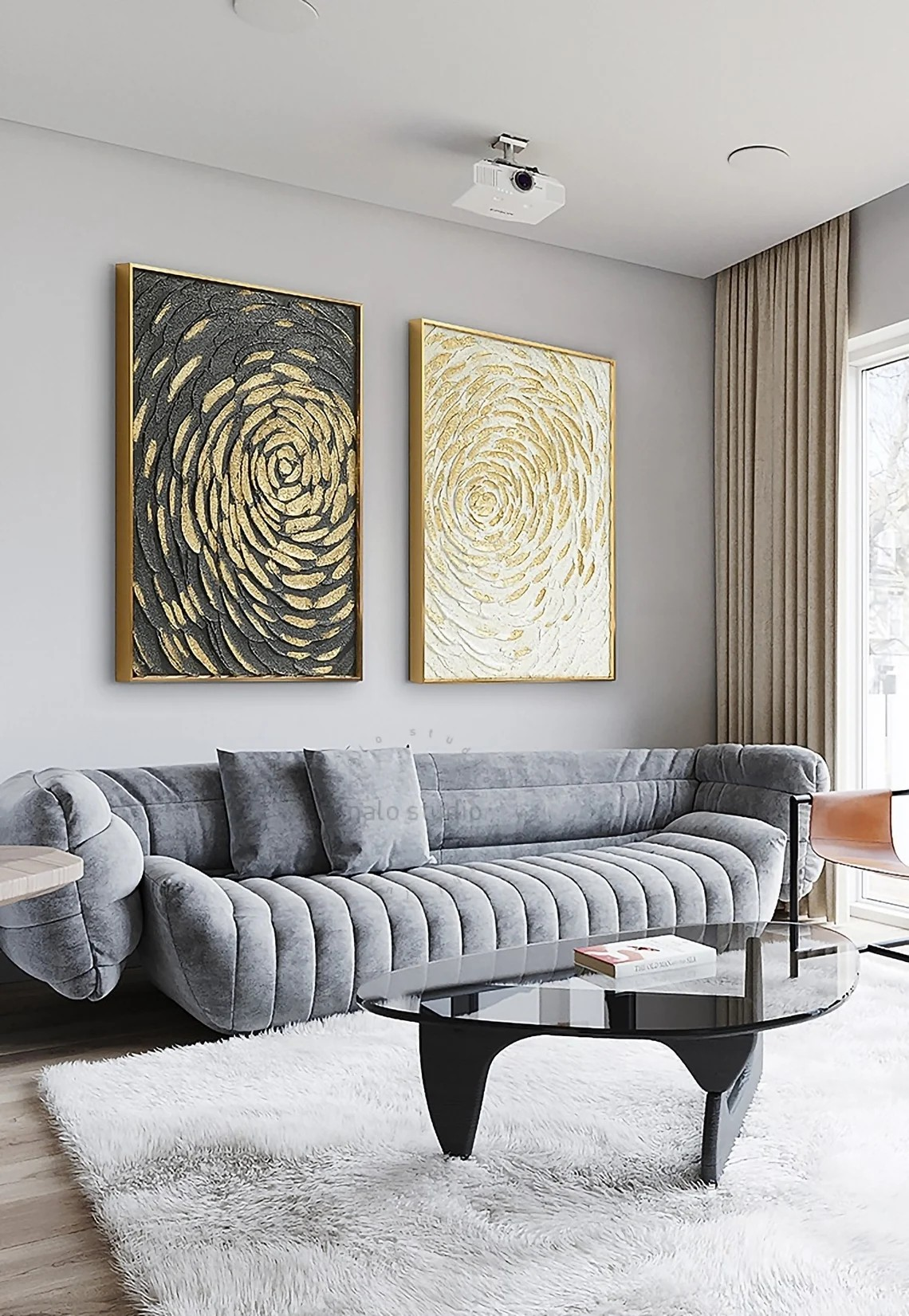 Gold Swirl Textured Abstract Diptych - Black & White Art #JJ 047