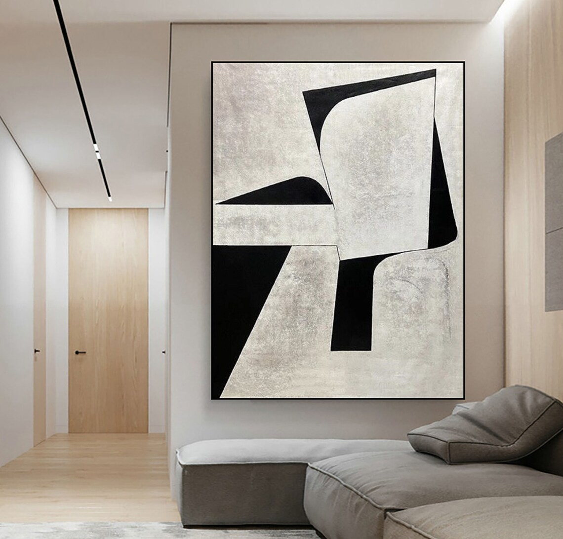 Black & Grey Geometric Abstract Oil Painting - Modern Art #JJ 045