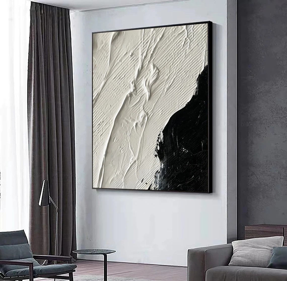 Modern Minimalist Black & White Abstract - Textured Canvas #JJ 025