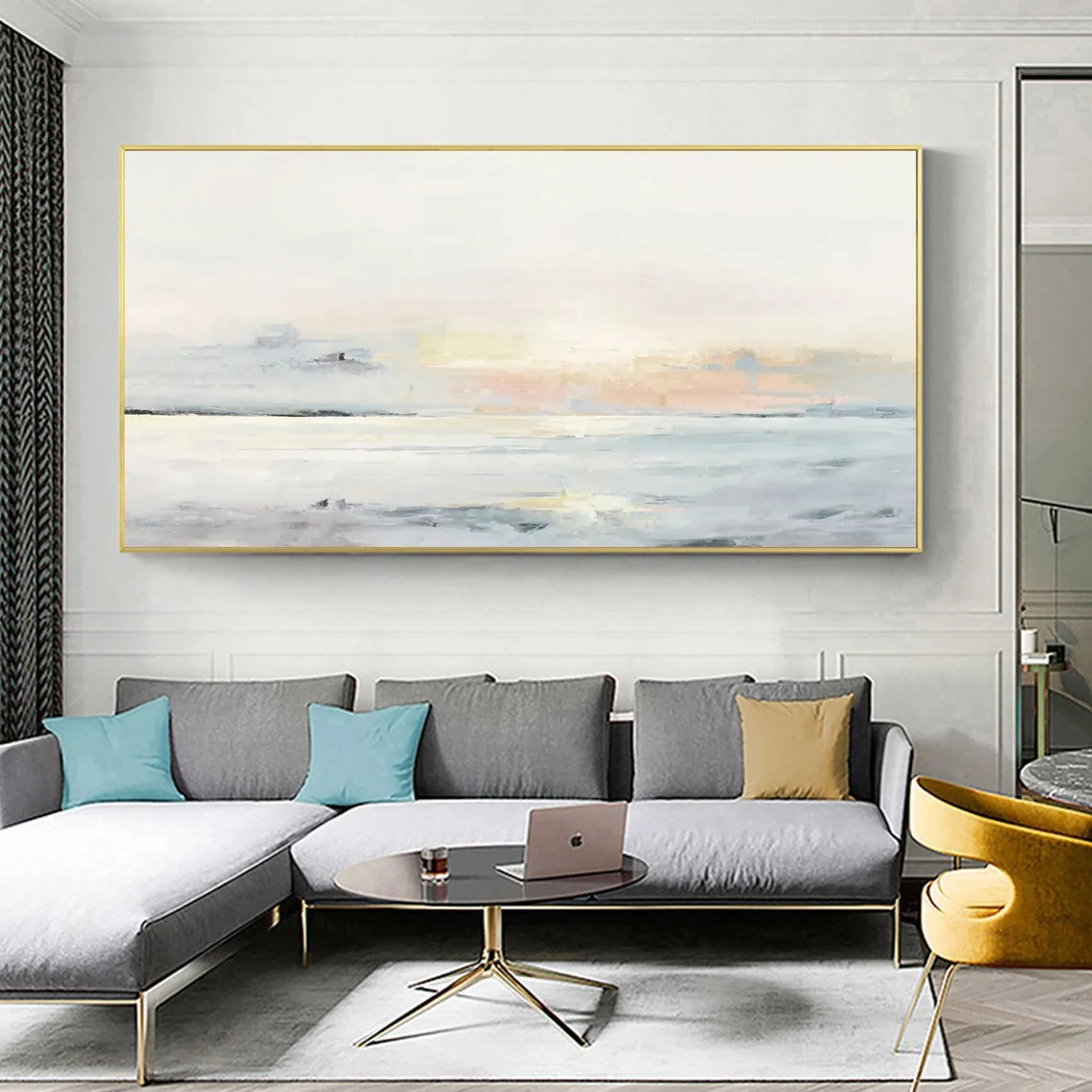 Pastel Seascape Oil Painting - Tranquil Ocean & Sky Wall Art #JJ 003