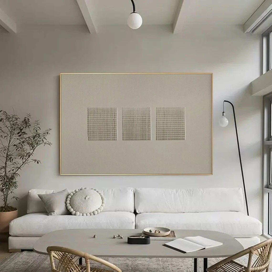 Modern Beige Wabi Sabi Art with Textured Grid for Room Decor #TC 020