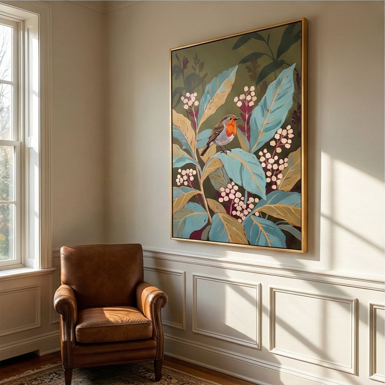Robin in the Garden – Vintage Botanical Bird Wall Art for Cozy Cottage Interiors