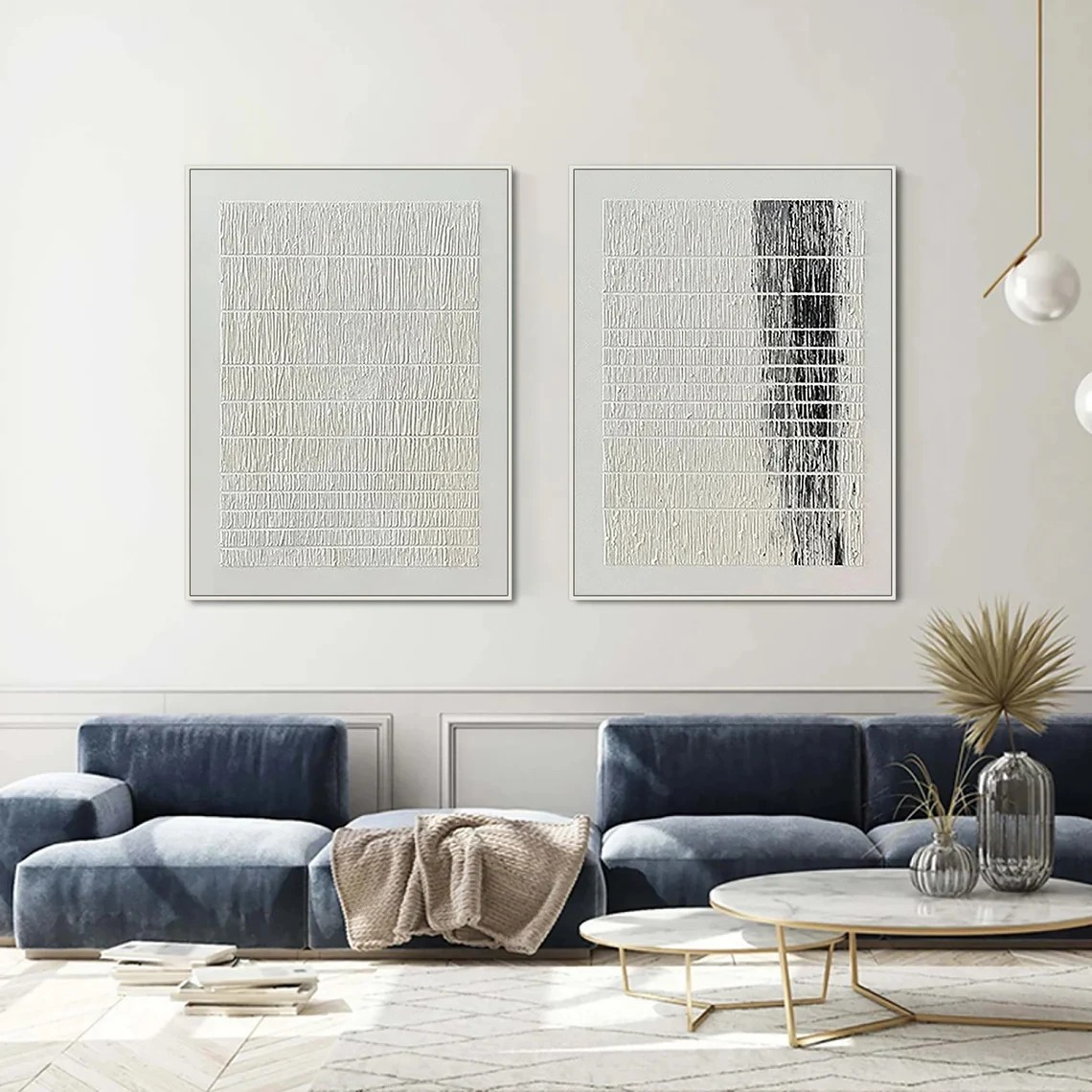 Minimalist Textured Line Abstract Diptych - Black & White Art #JJ 027
