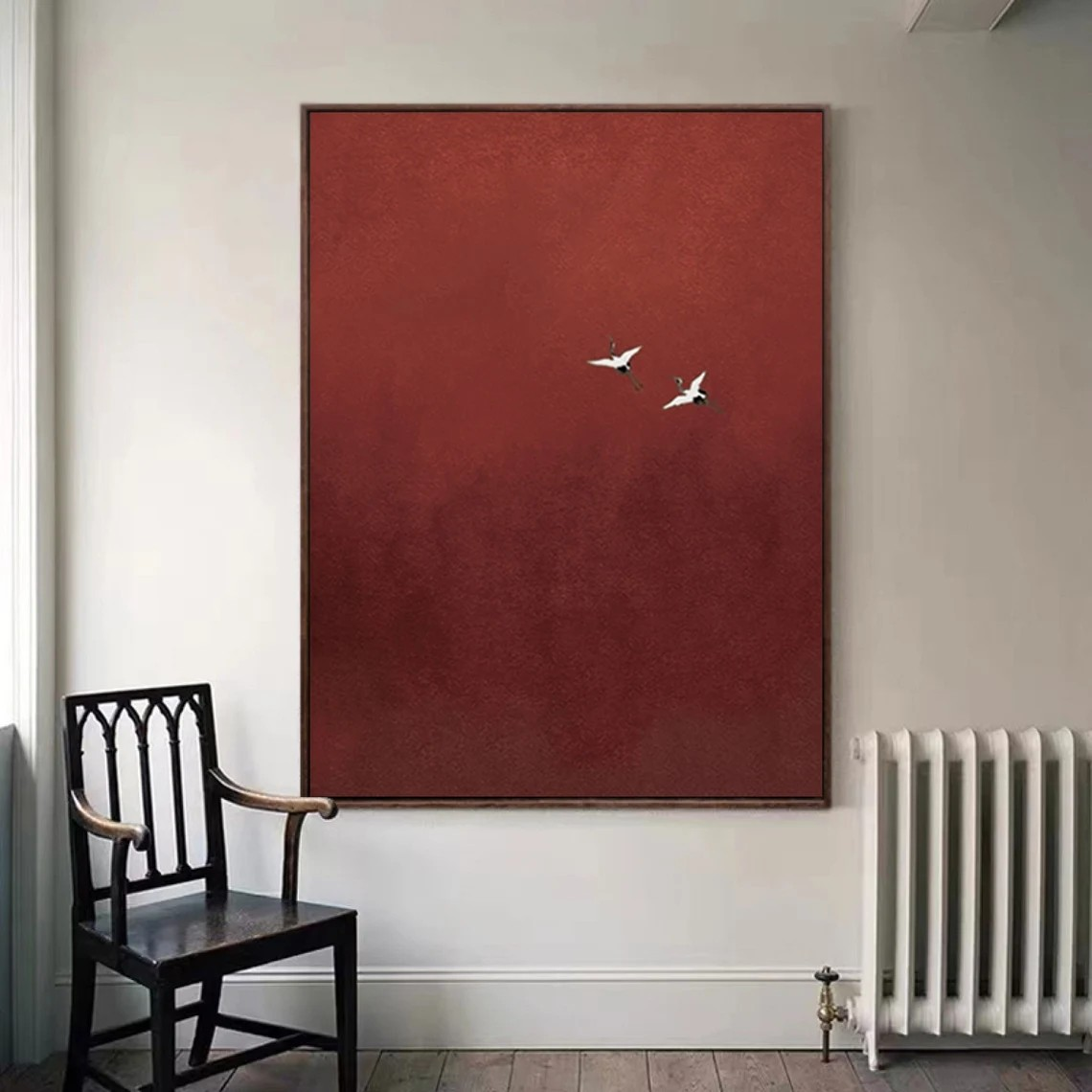Minimalist Red Abstract Oil Painting with Flying Birds Wall Art  #TC 026