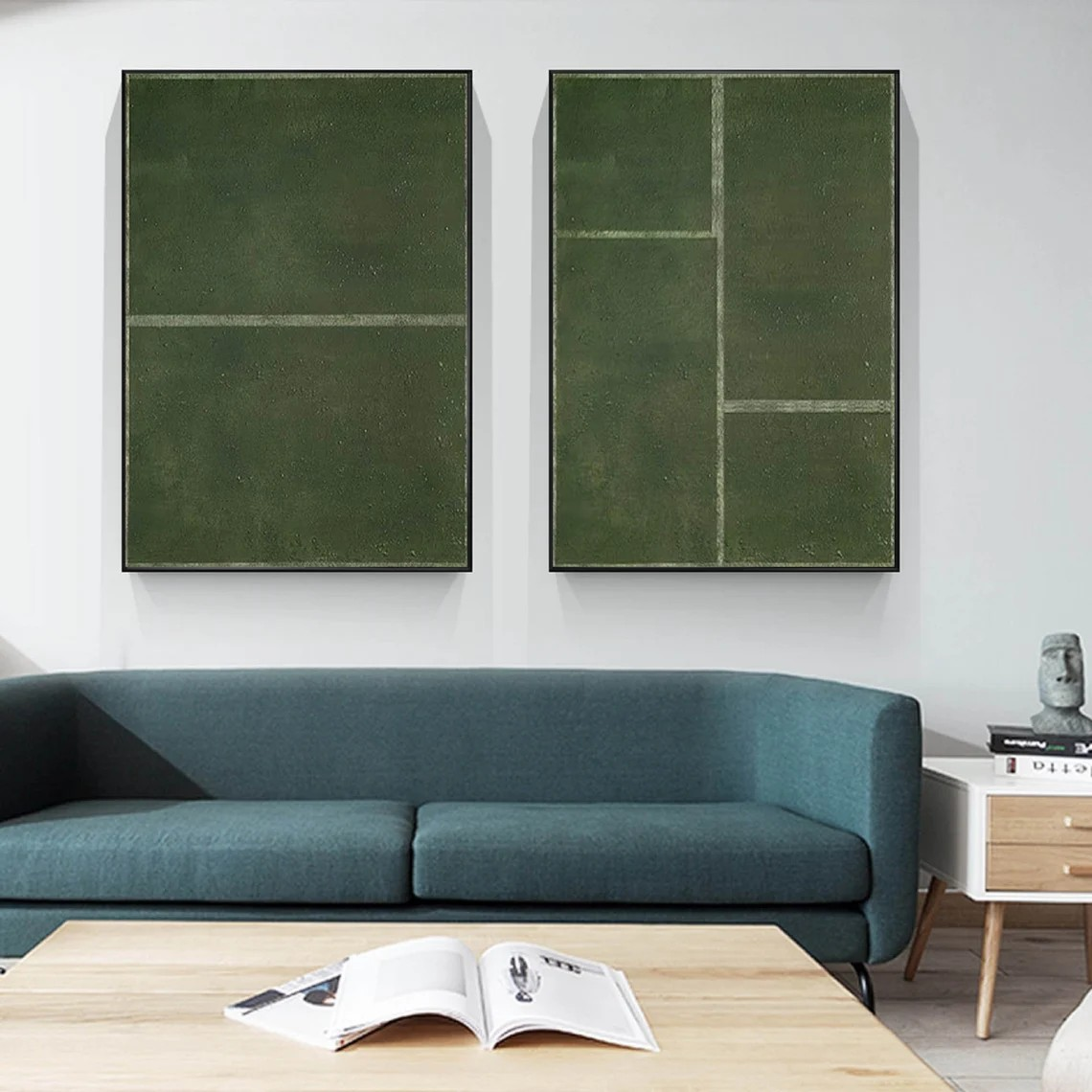Set of 2 Large Abstract Green Oil Paintings with Geometric Design | # TC 017