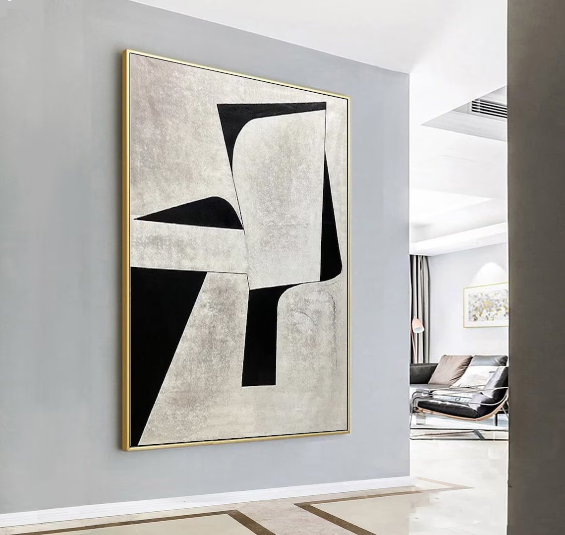 Black & Grey Geometric Abstract Oil Painting - Modern Art #JJ 045